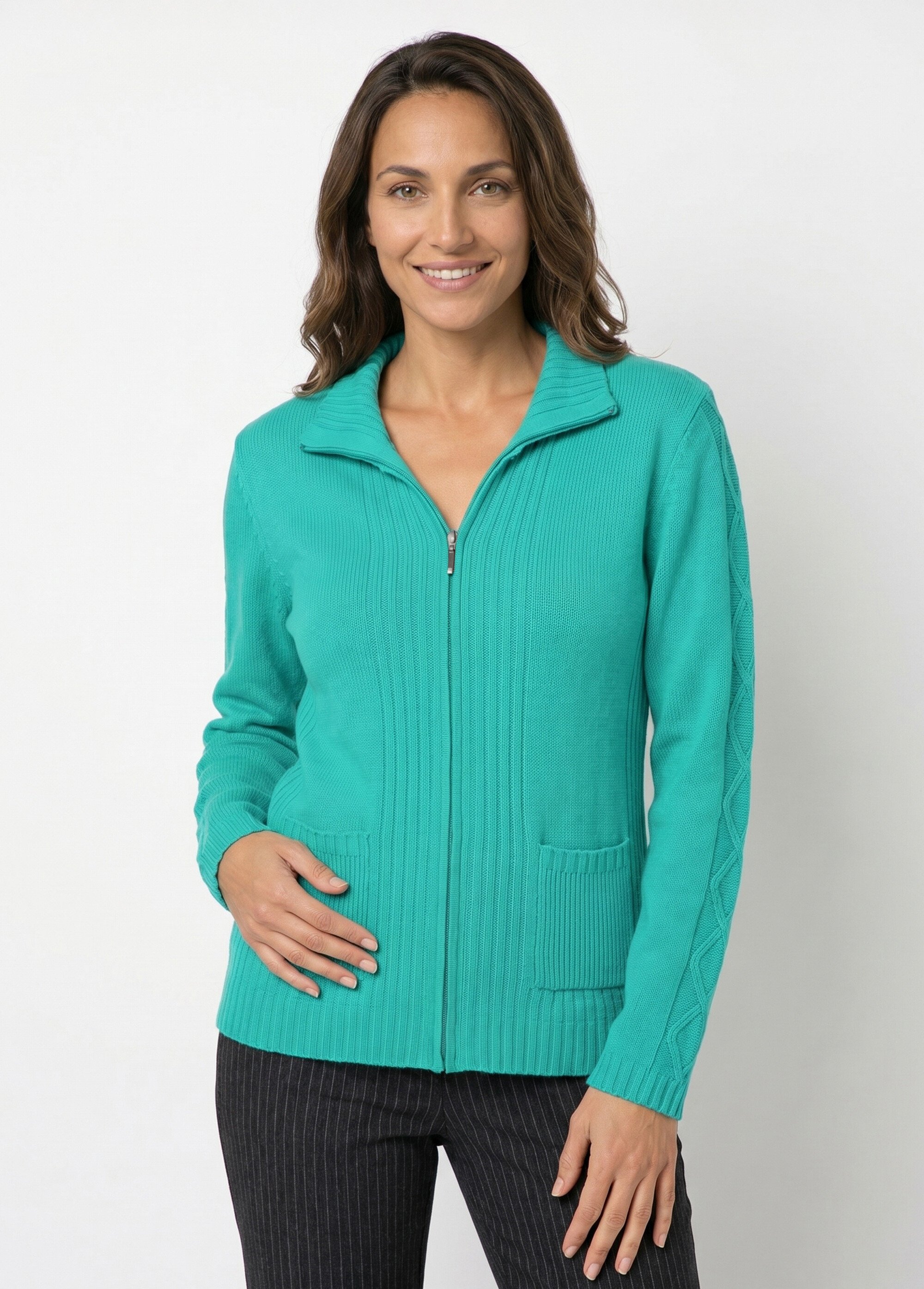 Gilet zippé uni mi-long maille épaisse Femme Vert PINEAL FA1