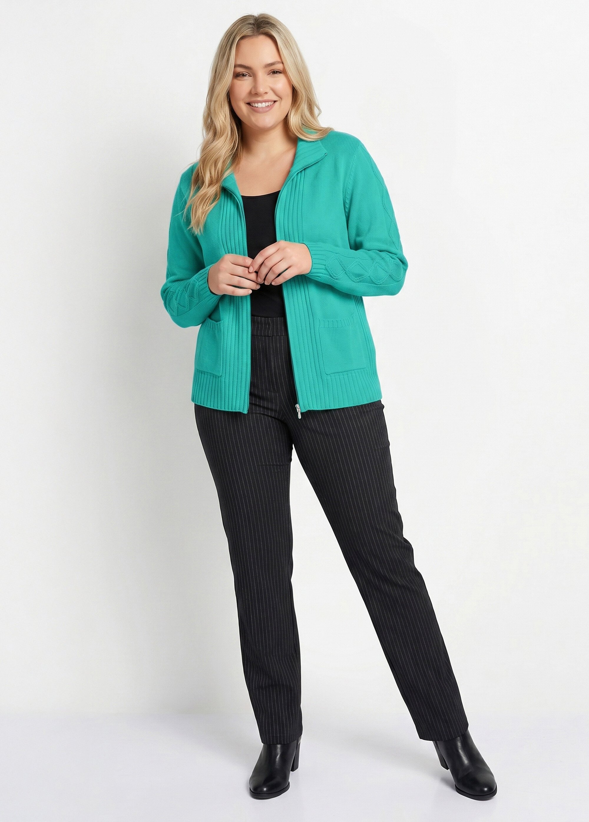 Gilet zippé uni mi-long maille épaisse Femme Grande Taille Vert PINEAL SI1
