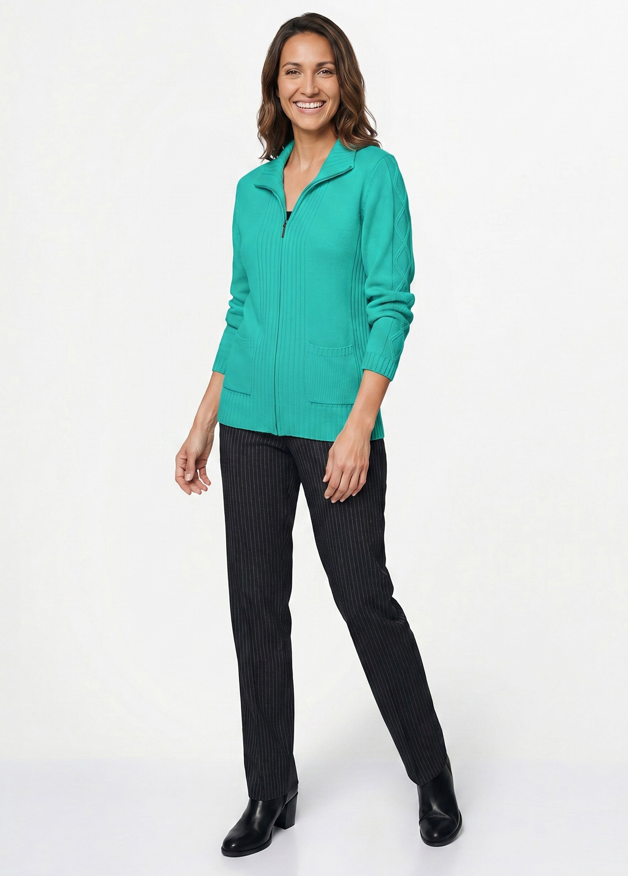 Gilet zippé uni mi-long maille épaisse Femme Vert PINEAL SI1
