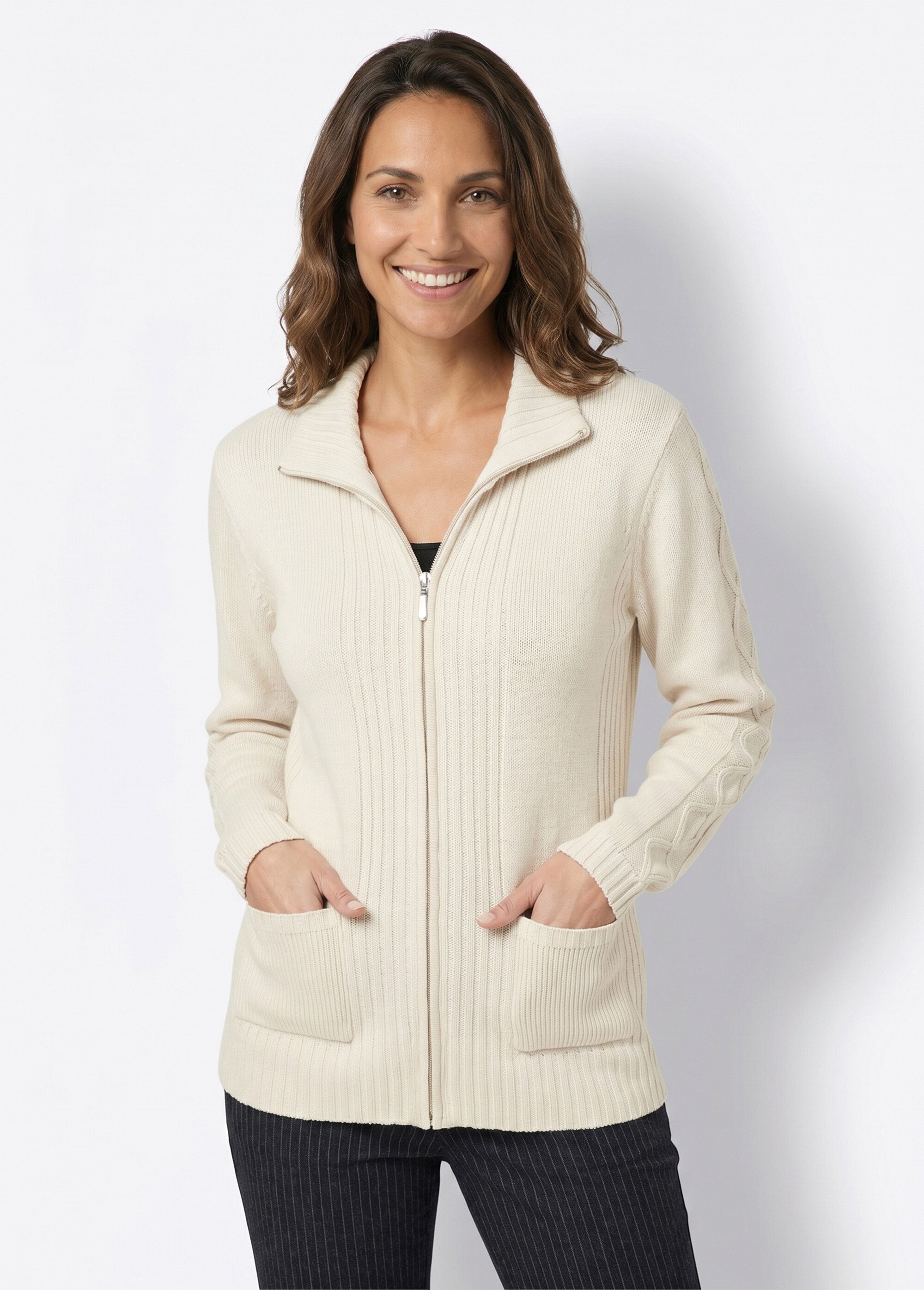 Gilet zippé uni mi-long maille épaisse Femme Beige PINEAL FA1