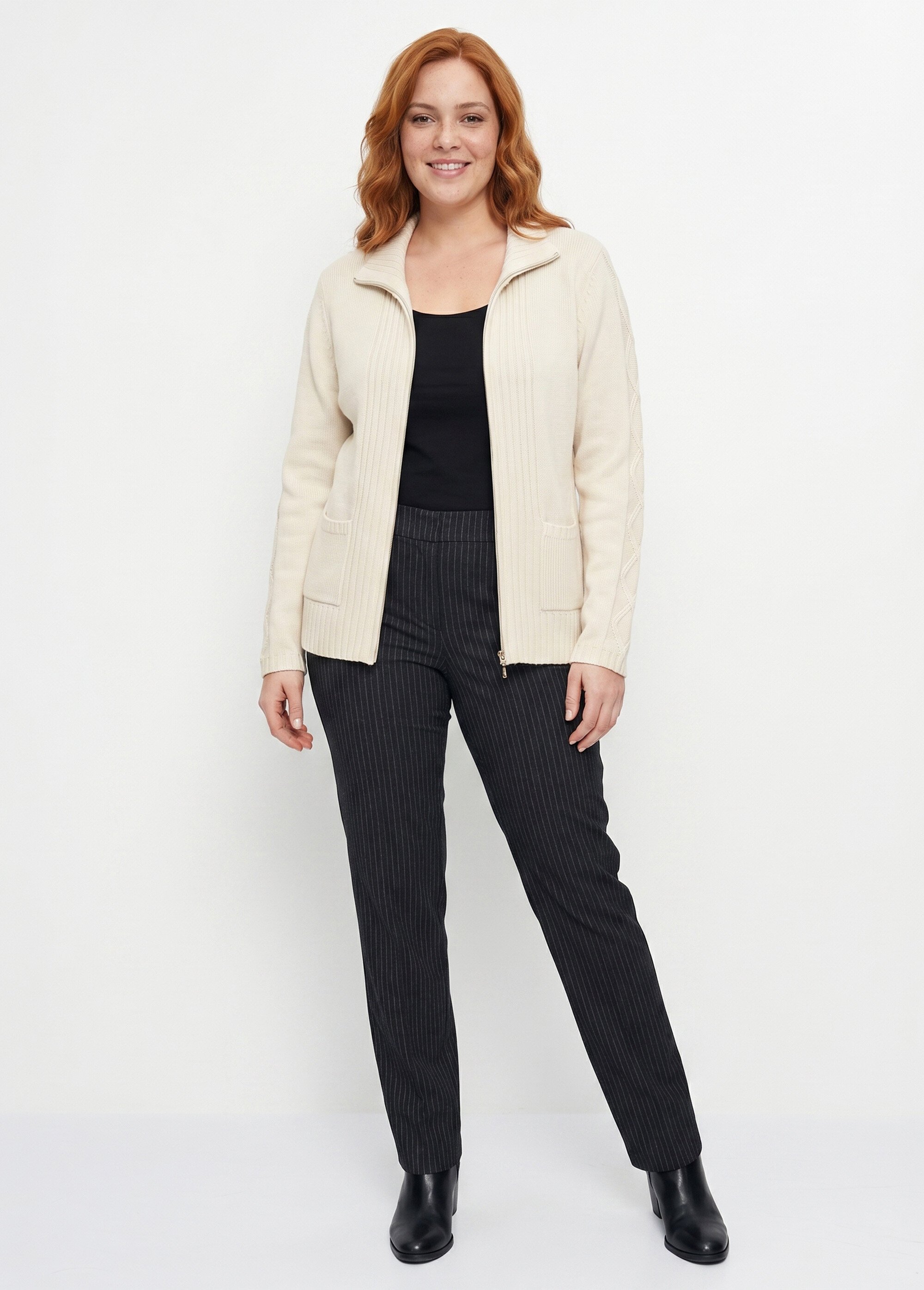 Gilet zippé uni mi-long maille épaisse Femme Grande Taille Beige PINEAL SI1