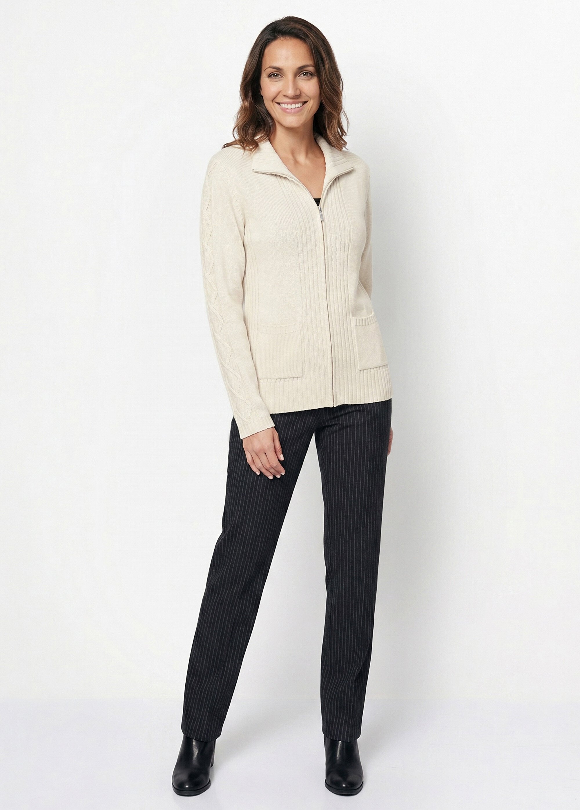 Gilet zippé uni mi-long maille épaisse Femme Beige PINEAL SI1