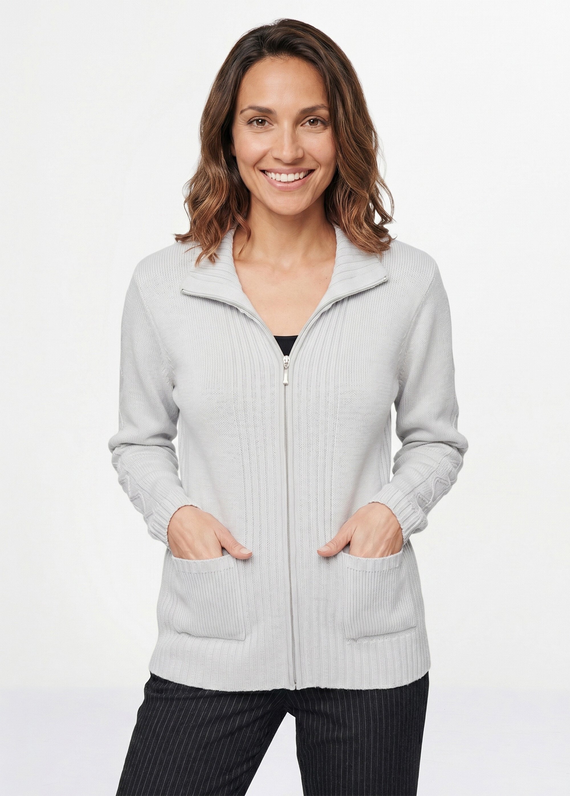 Gilet zippé uni mi-long maille épaisse Femme Argenté PINEAL FA1