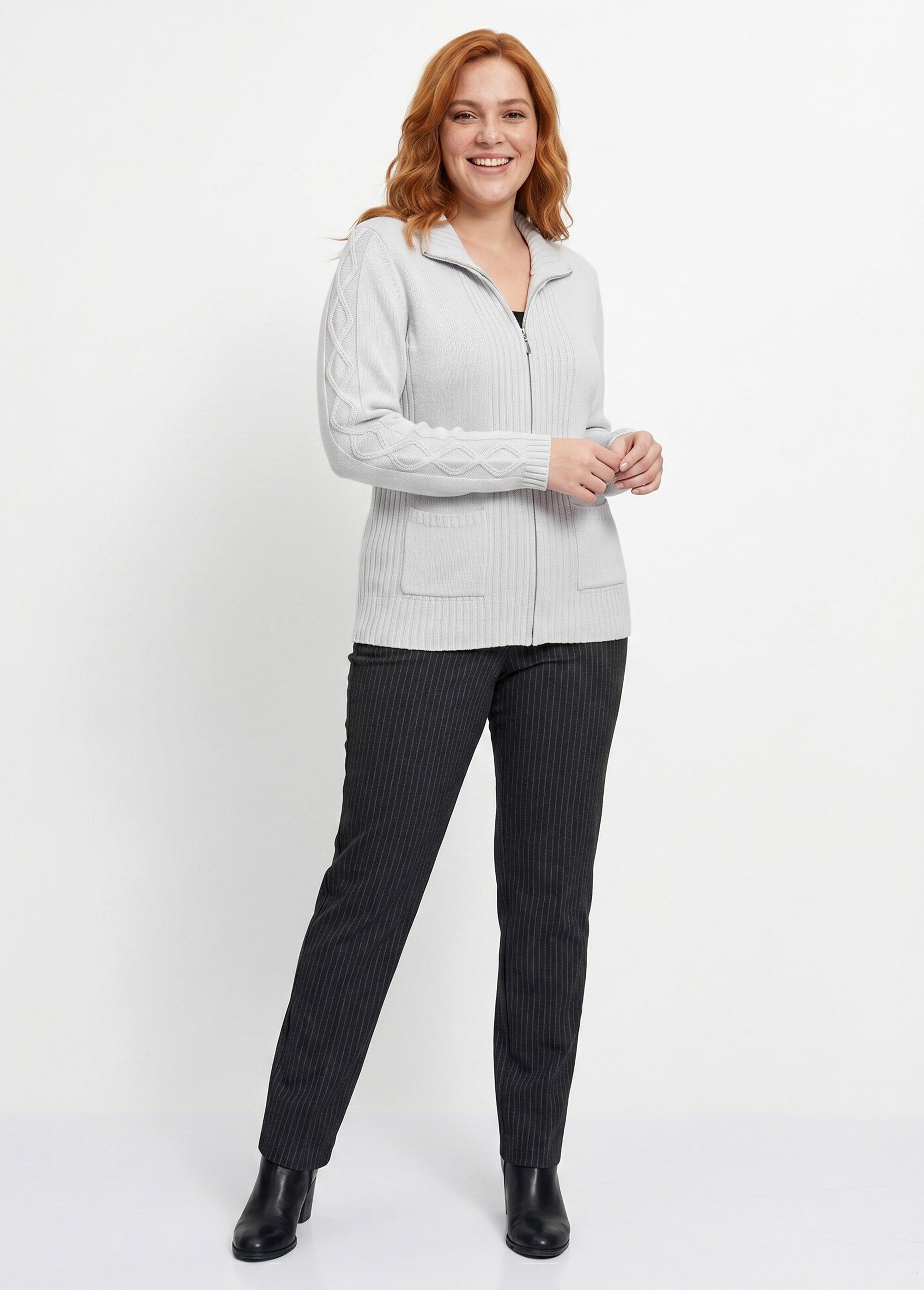Gilet zippé uni mi-long maille épaisse Femme Grande Taille Argenté PINEAL SI1