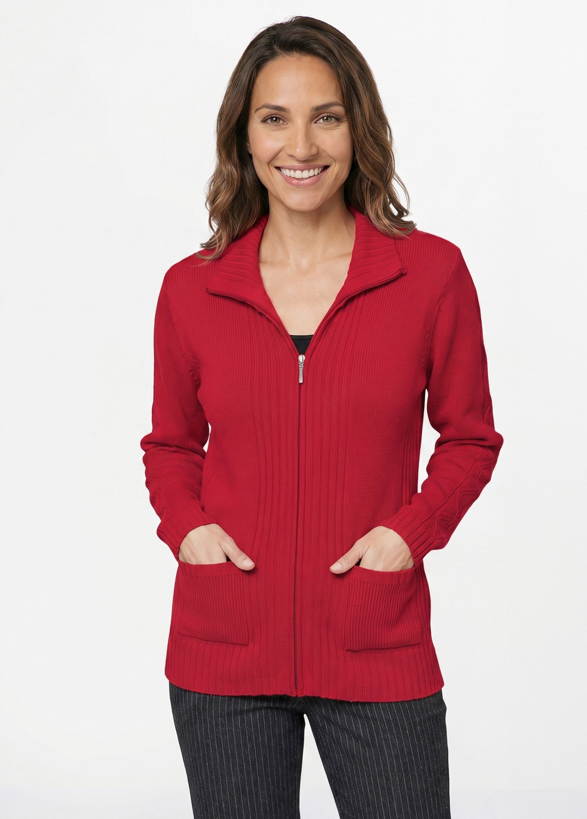 Gilet zippé uni mi-long maille épaisse Femme Rose PINEAL FA1