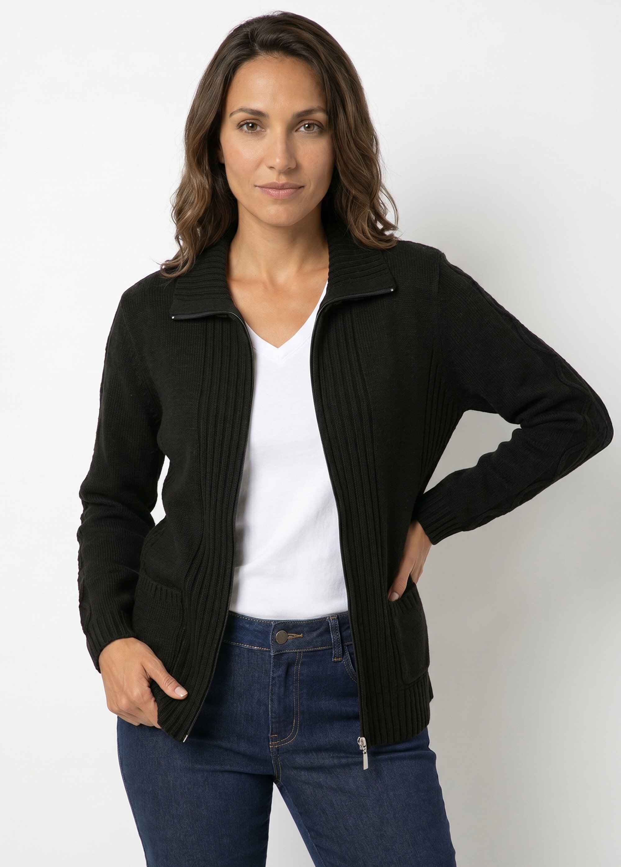 Gilet zippé uni mi-long maille épaisse Femme Noir PINEAL MV1