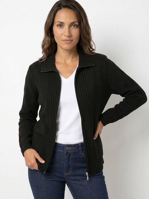 Gilet zippé uni mi-long maille épaisse Femme Noir PINEAL MV1