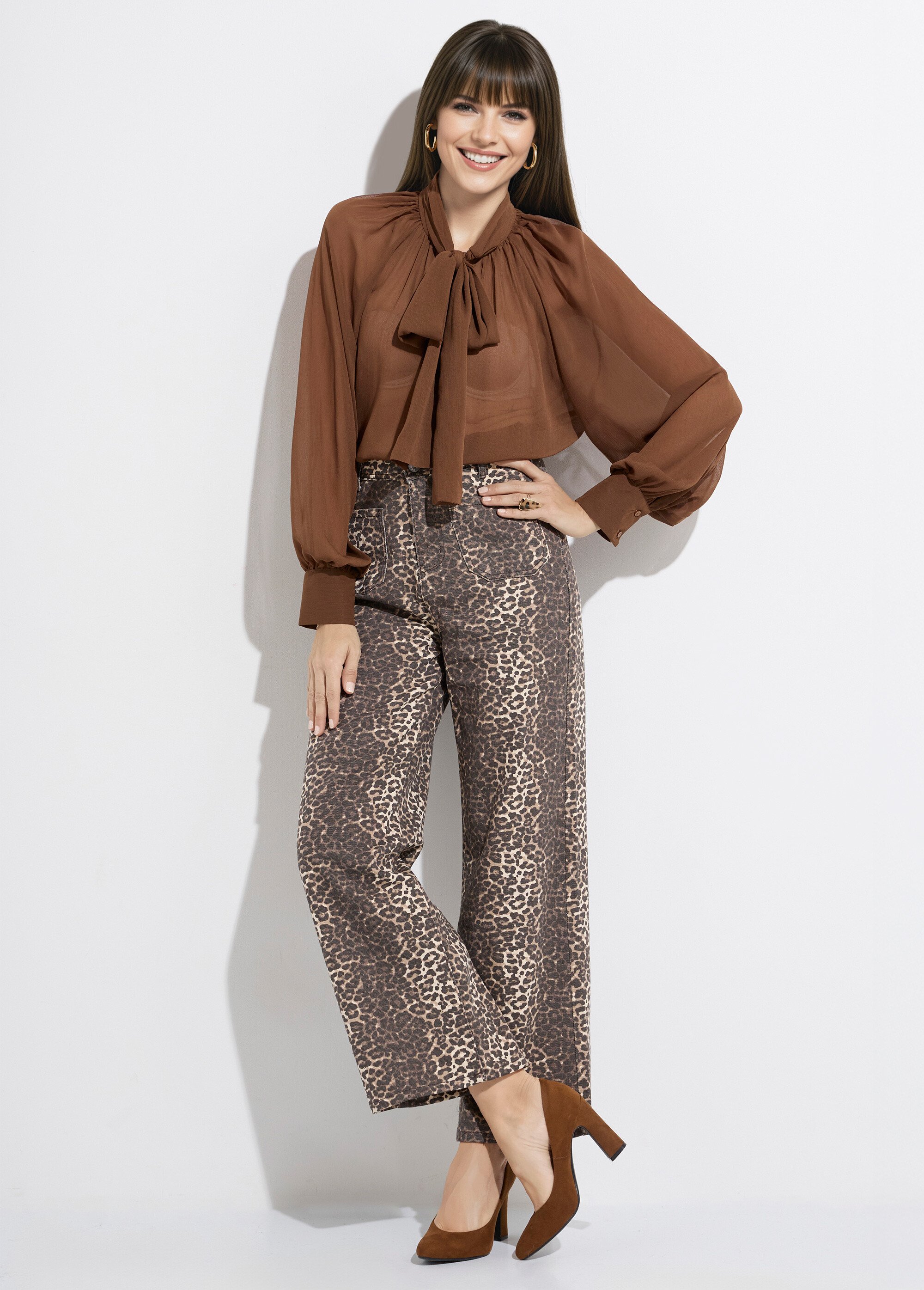 Jean en denim léopard, coupe large Femme Marron JS-TR1296 MV1