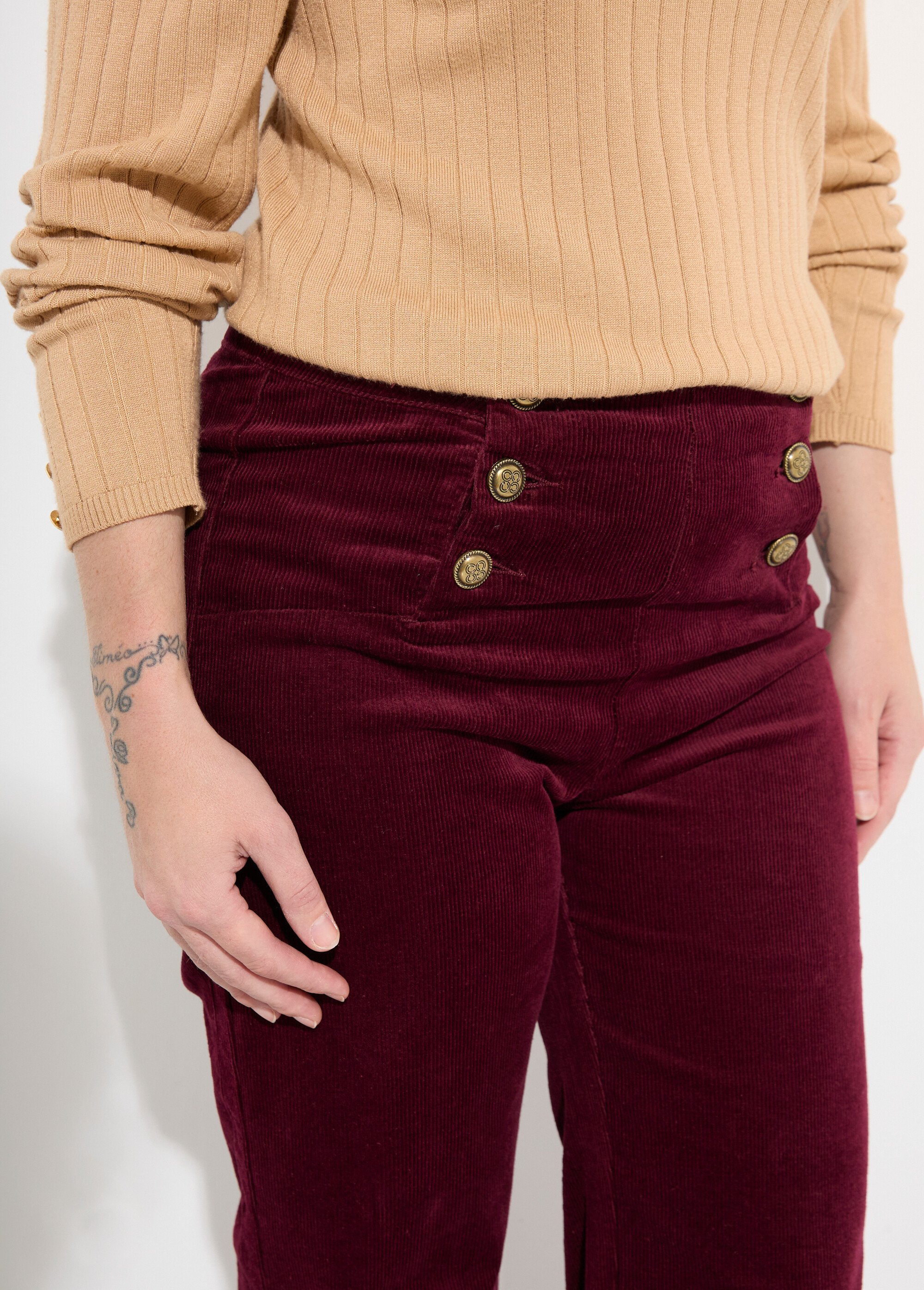 Pantalon à pont en velours coupe flare Femme Rouge OR-H413CM DE1