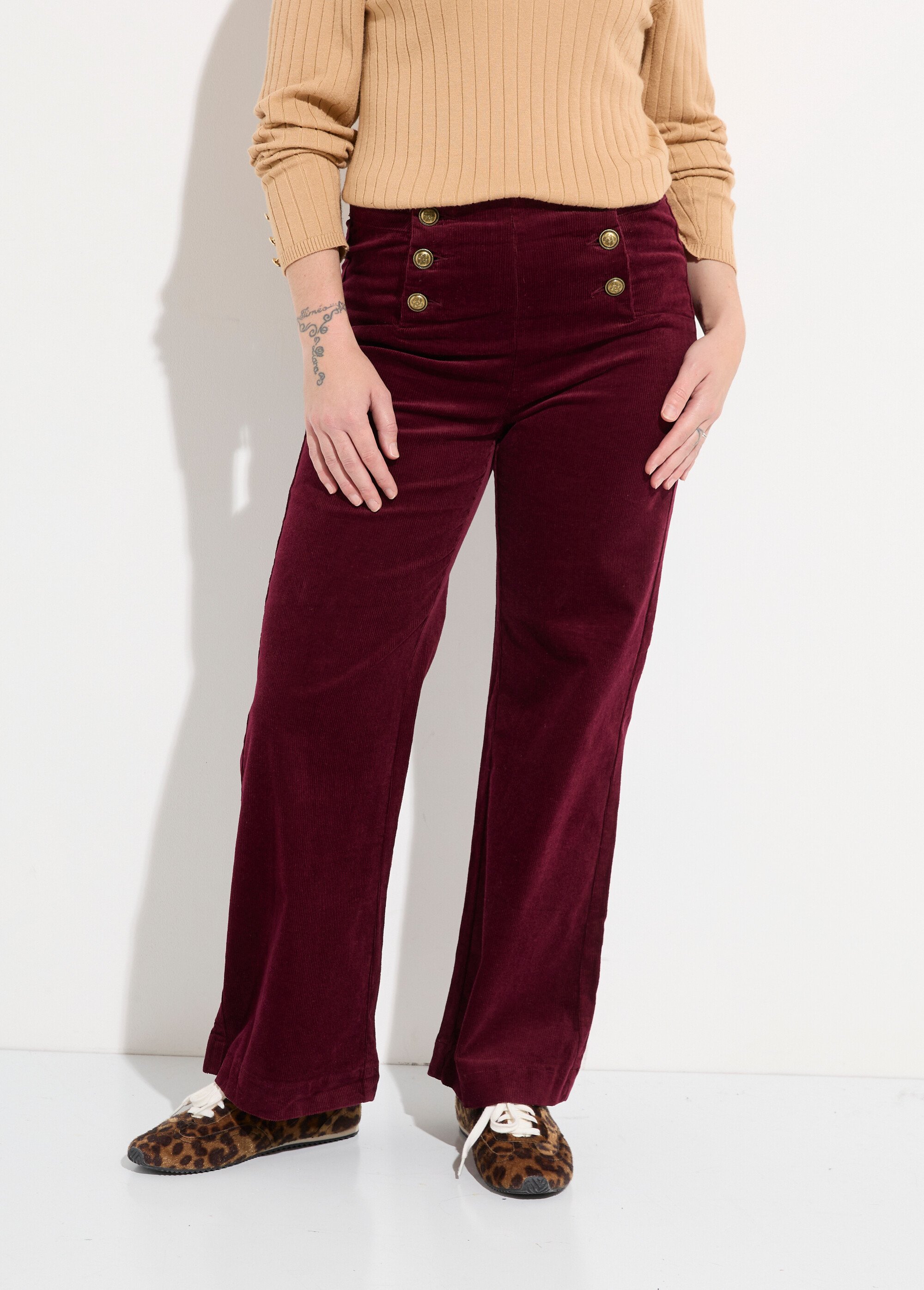 Pantalon à pont en velours coupe flare Femme Rouge OR-H413CM FA1