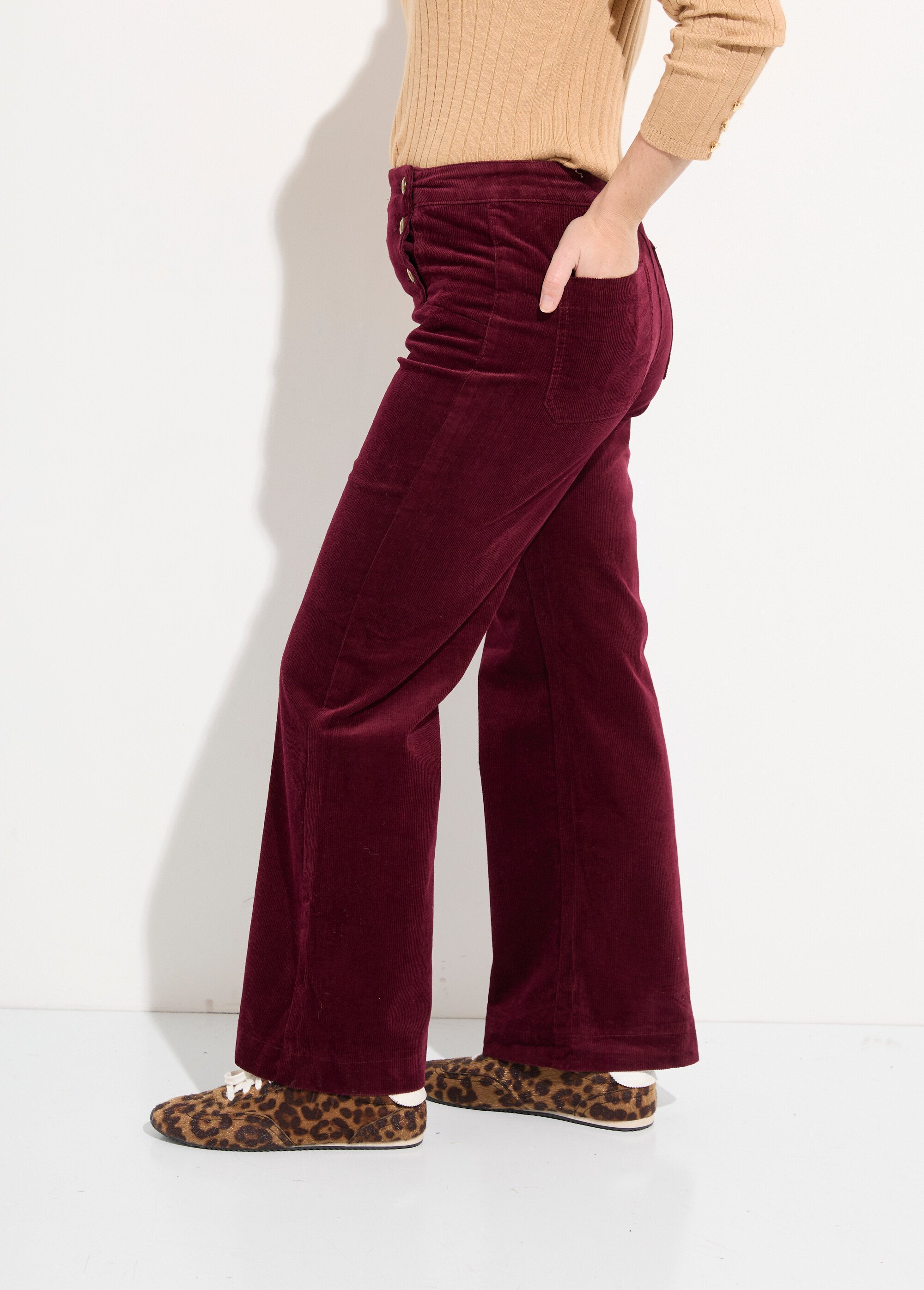 Pantalon à pont en velours coupe flare Femme Rouge OR-H413CM GA1