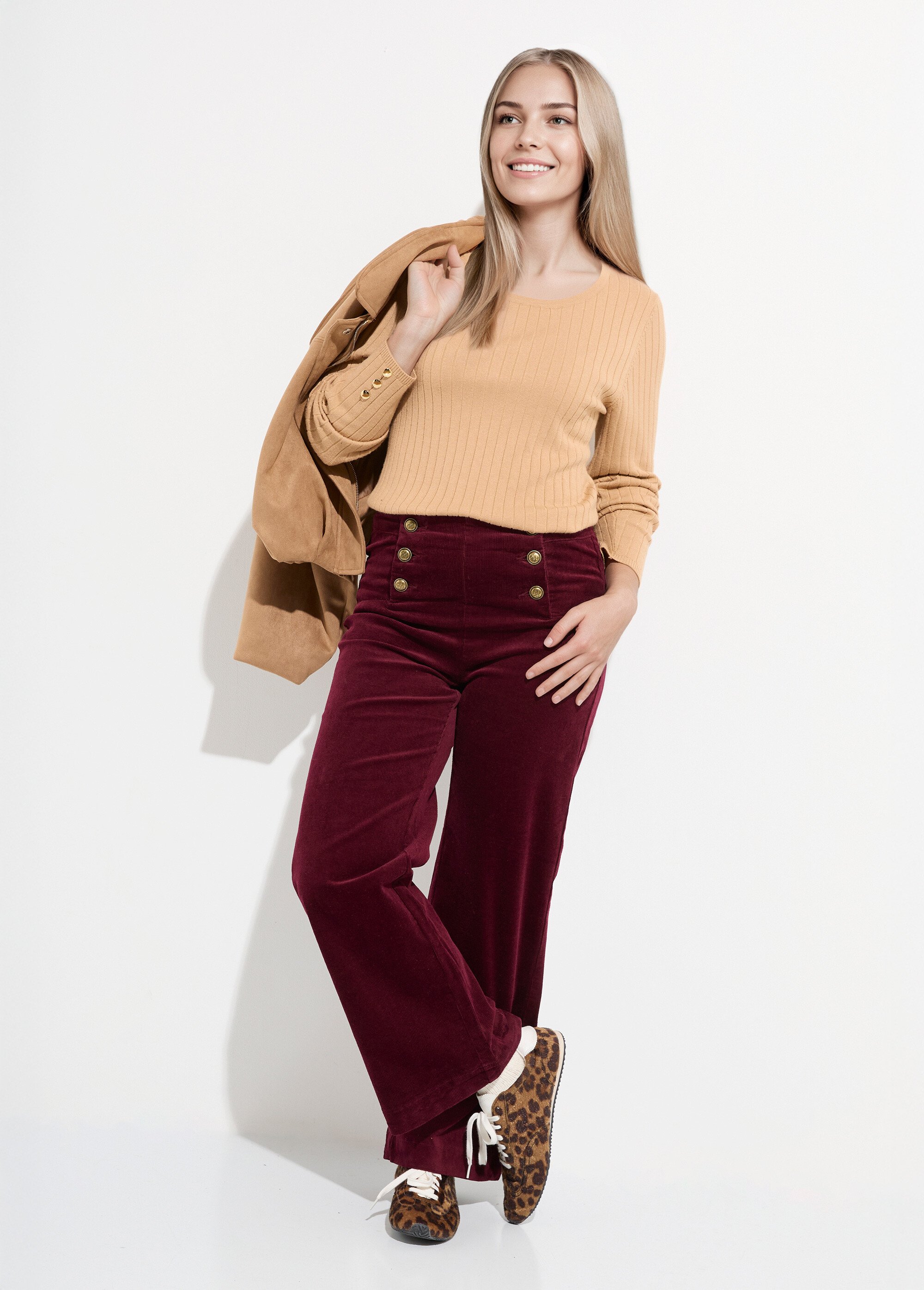 Pantalon à pont en velours coupe flare Femme Rouge OR-H413CM MV1