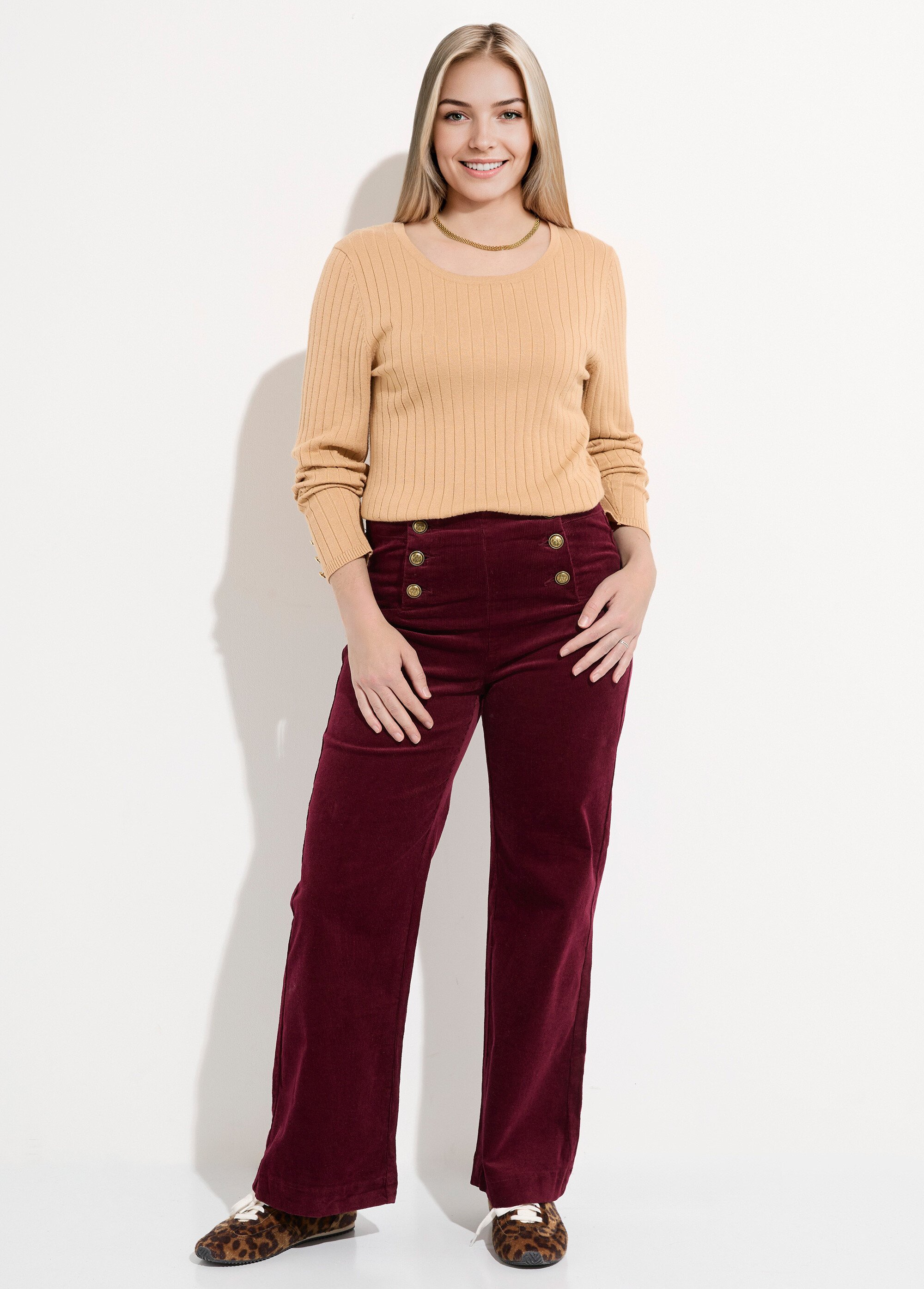Pantalon à pont en velours coupe flare Femme Rouge OR-H413CM SF1
