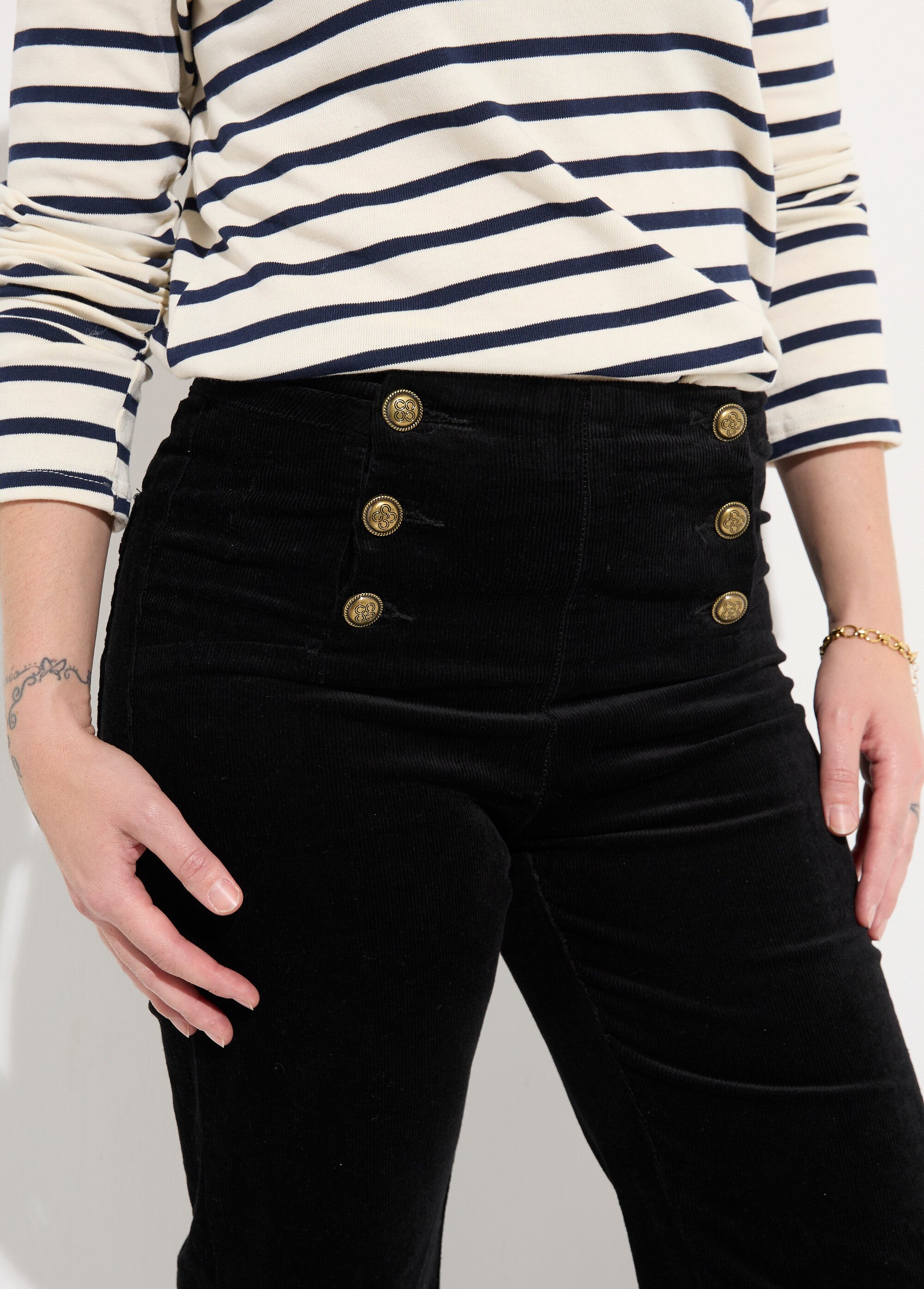 Pantalon à pont en velours coupe flare Femme Noir OR-H413CM DE1
