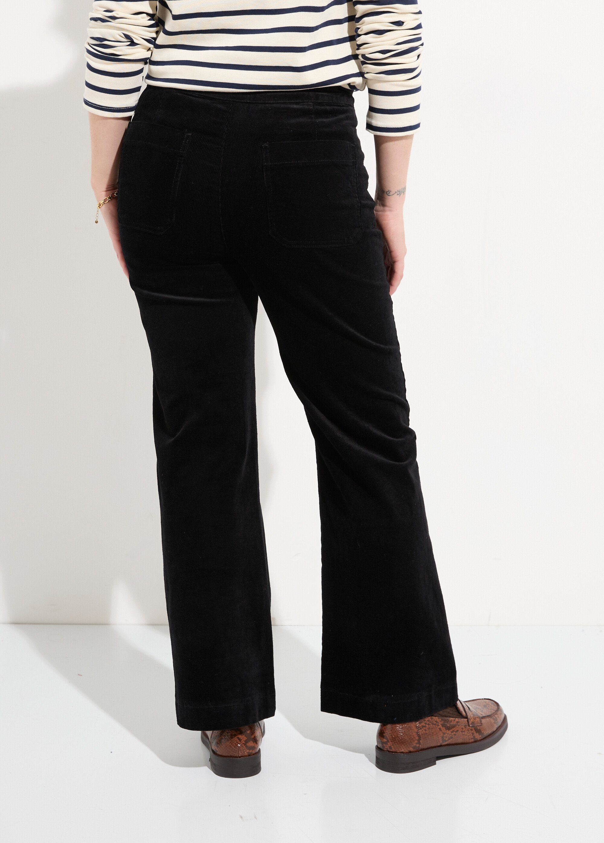Pantalon à pont en velours coupe flare Femme Noir OR-H413CM DO1