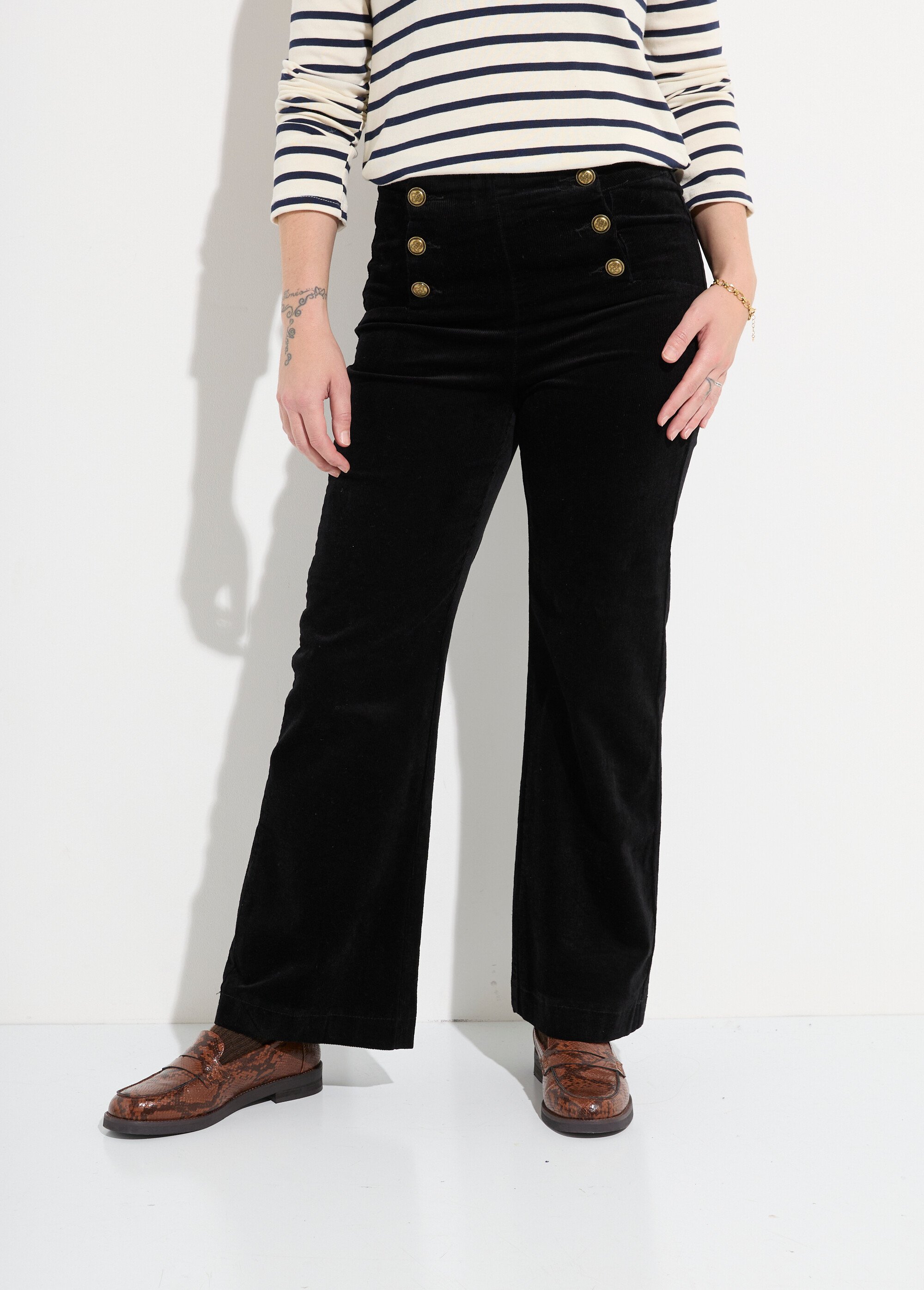 Pantalon à pont en velours coupe flare Femme Noir OR-H413CM FA1