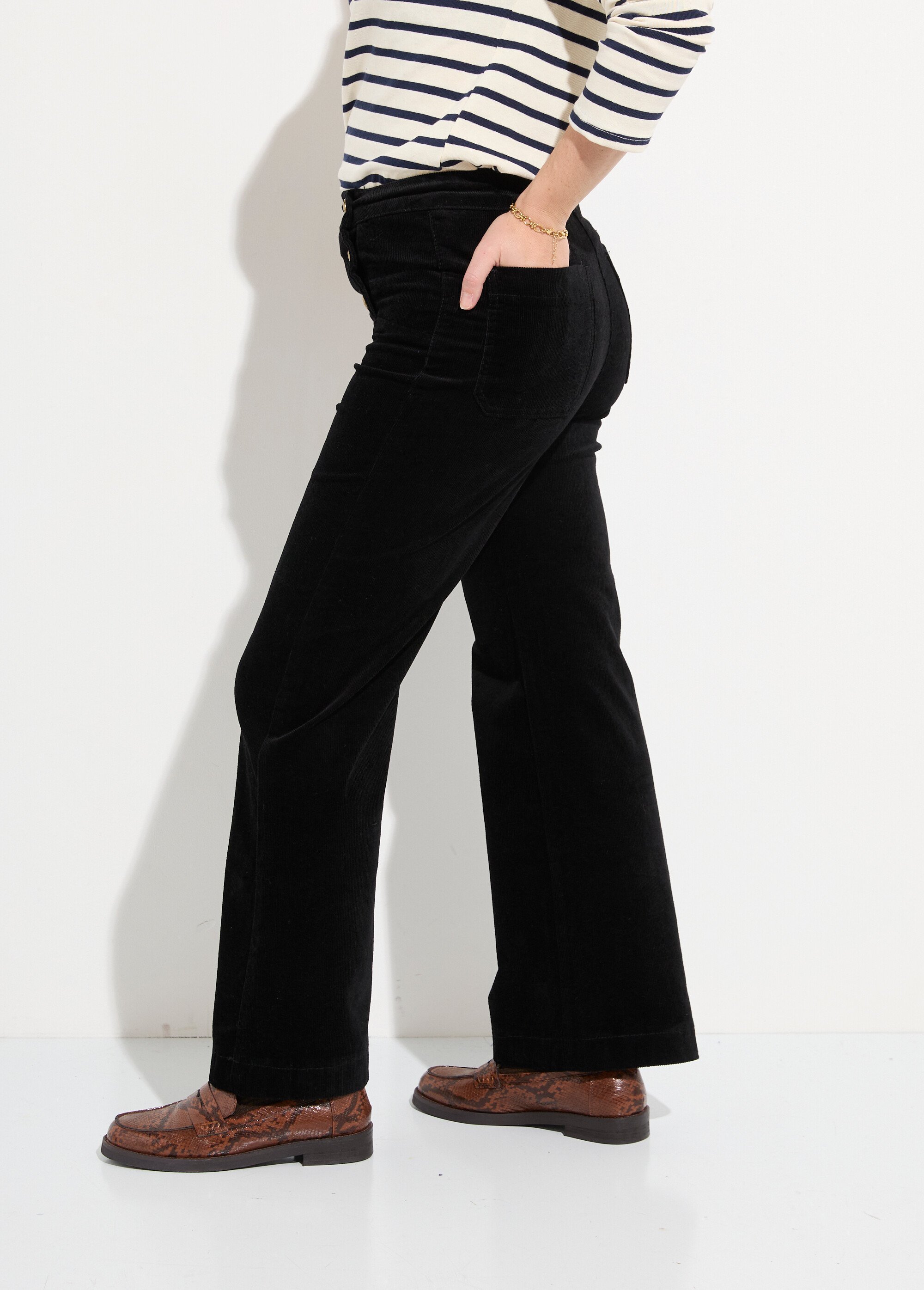 Pantalon à pont en velours coupe flare Femme Noir OR-H413CM GA1