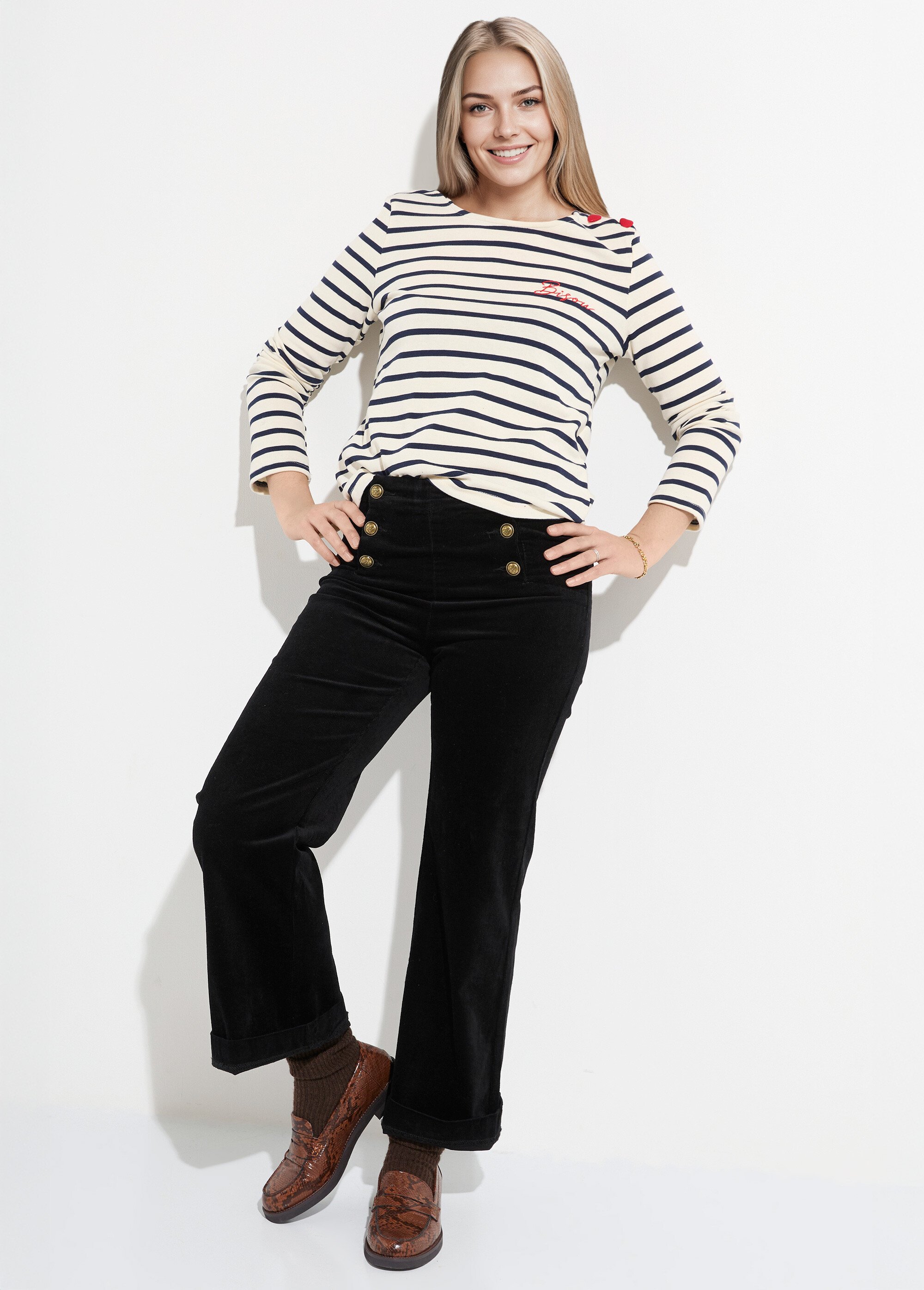Pantalon à pont en velours coupe flare Femme Noir OR-H413CM MV1
