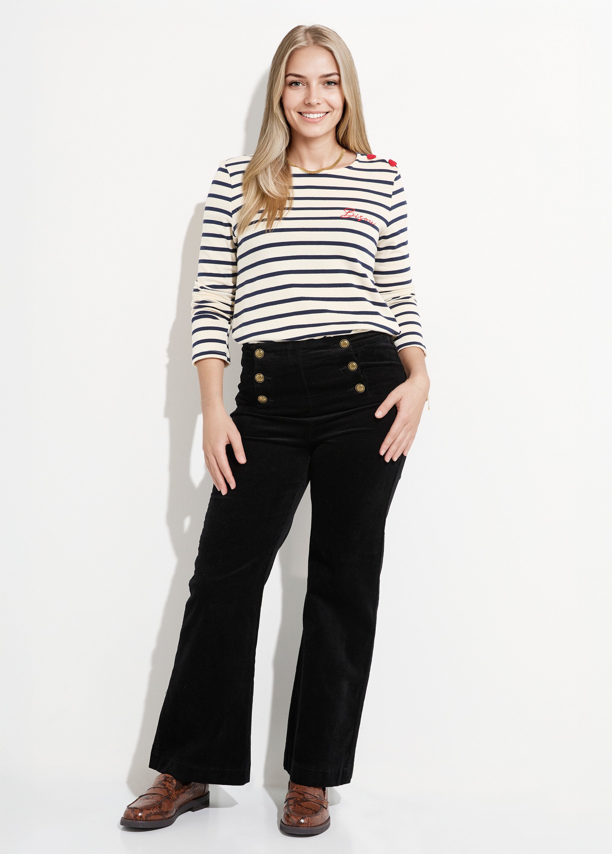 Pantalon à pont en velours coupe flare Femme Noir OR-H413CM SF1