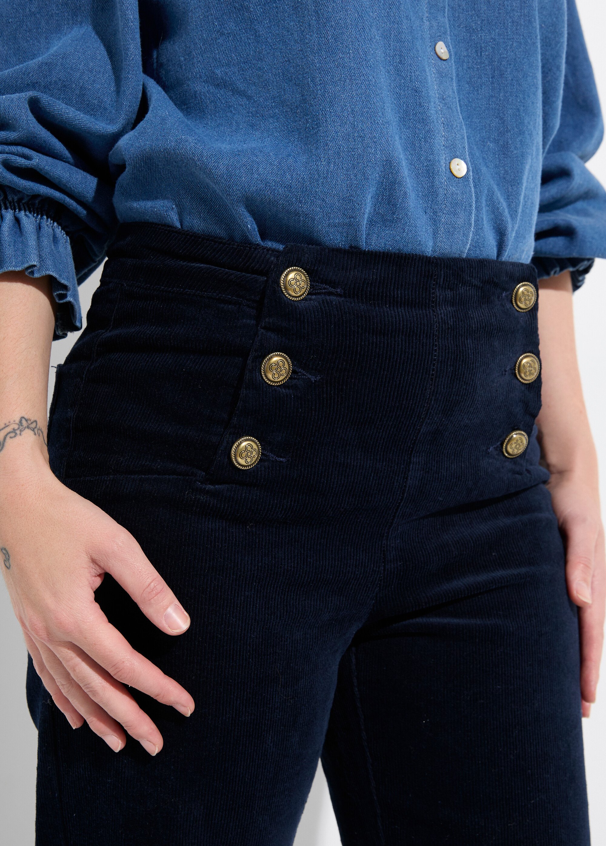 Pantalon à pont en velours coupe flare Femme Bleu OR-H413CM DE1