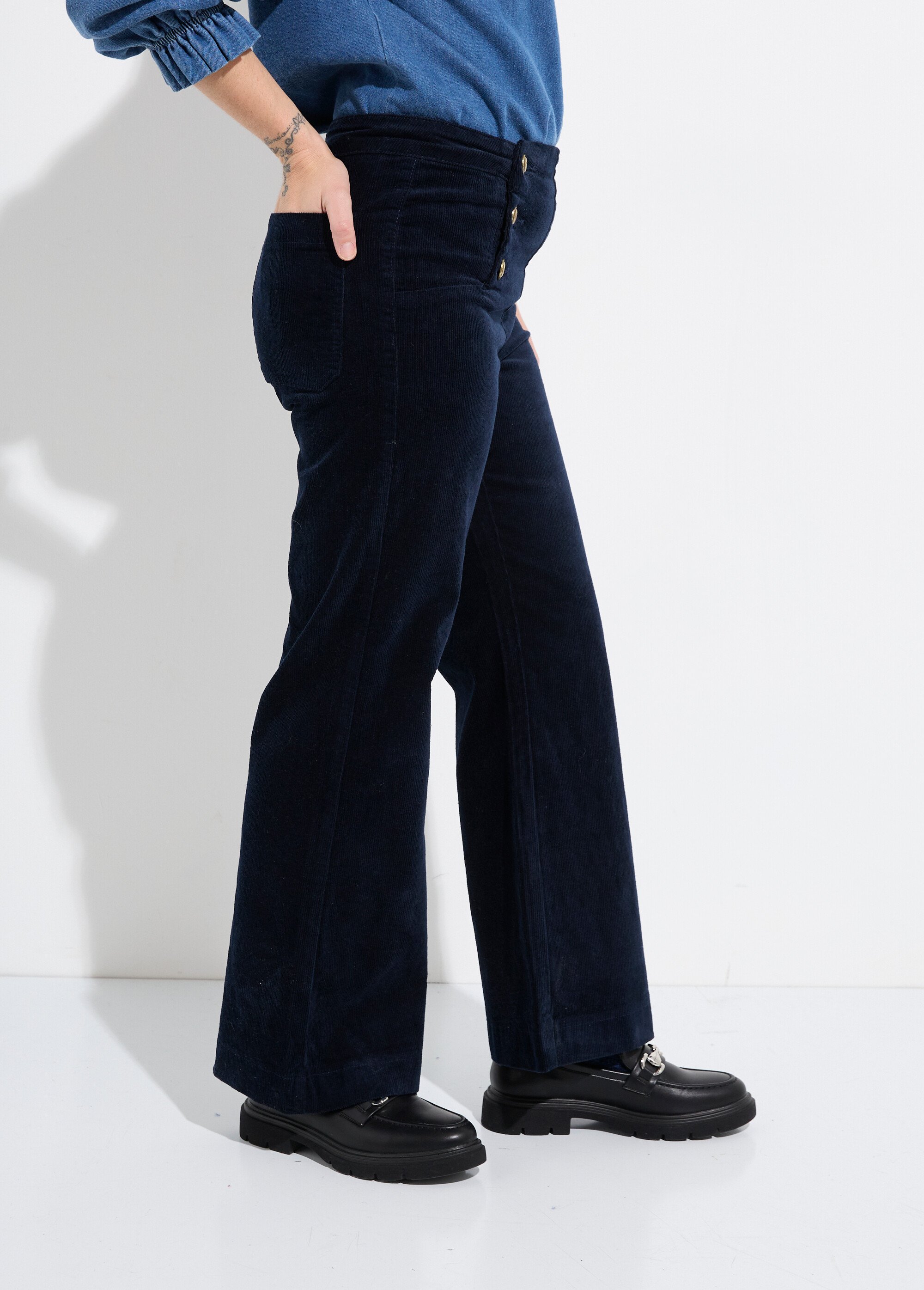 Pantalon à pont en velours coupe flare Femme Bleu OR-H413CM DR1
