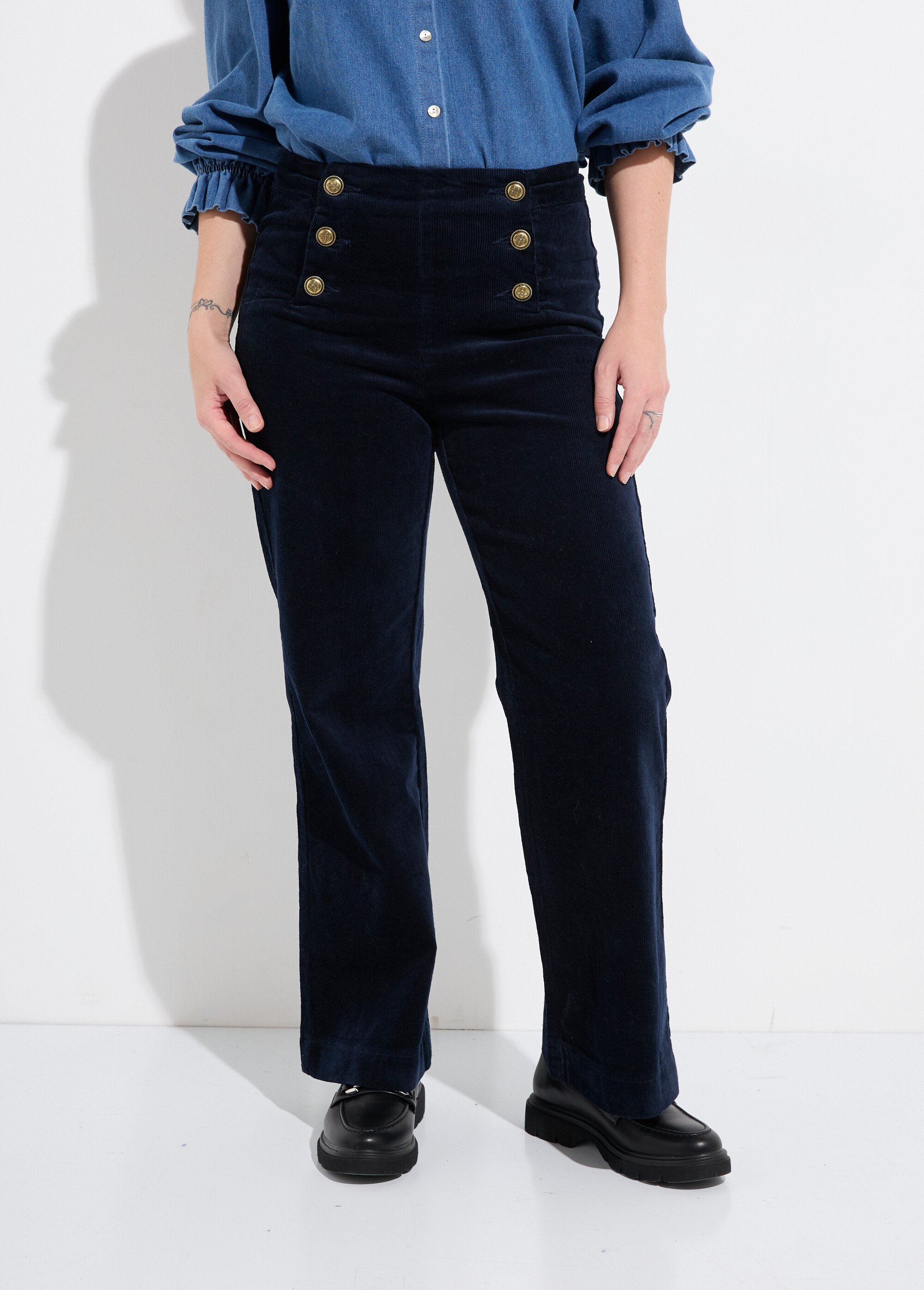 Pantalon à pont en velours coupe flare Femme Bleu OR-H413CM FA1