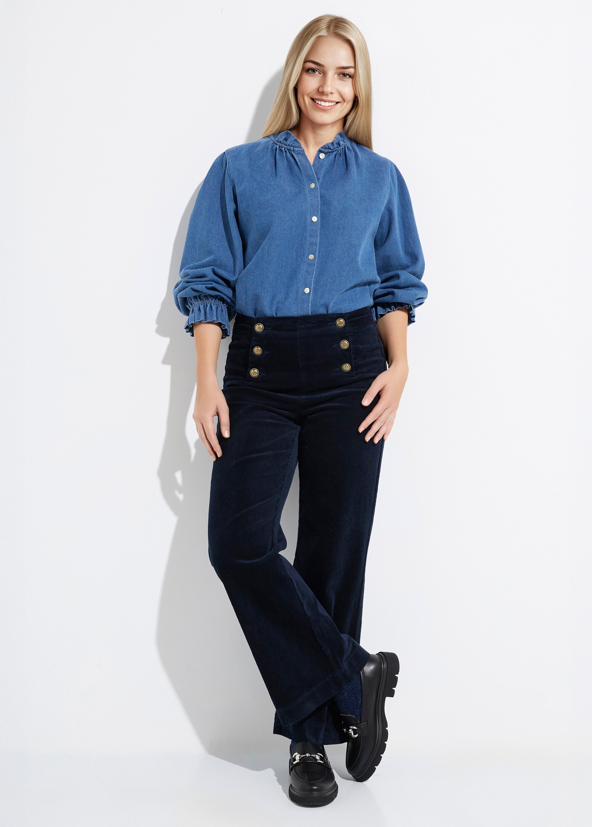 Pantalon à pont en velours coupe flare Femme Bleu OR-H413CM MV1