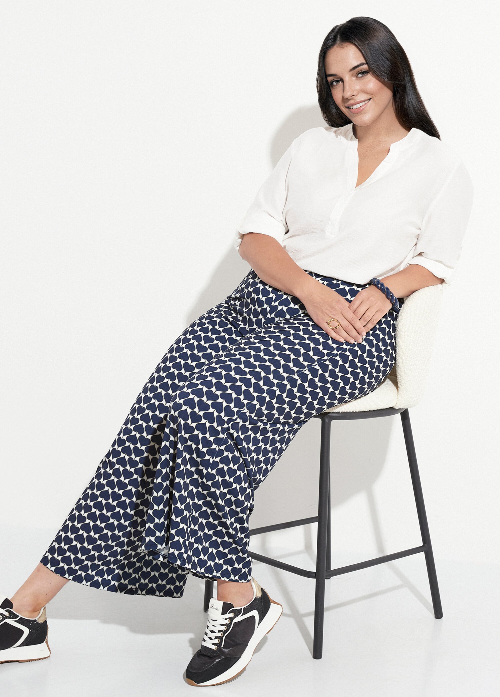 Pantalon large fluide imprimé  coeurs Femme Grande Taille Bleu FI-VALENCOEUR MV1