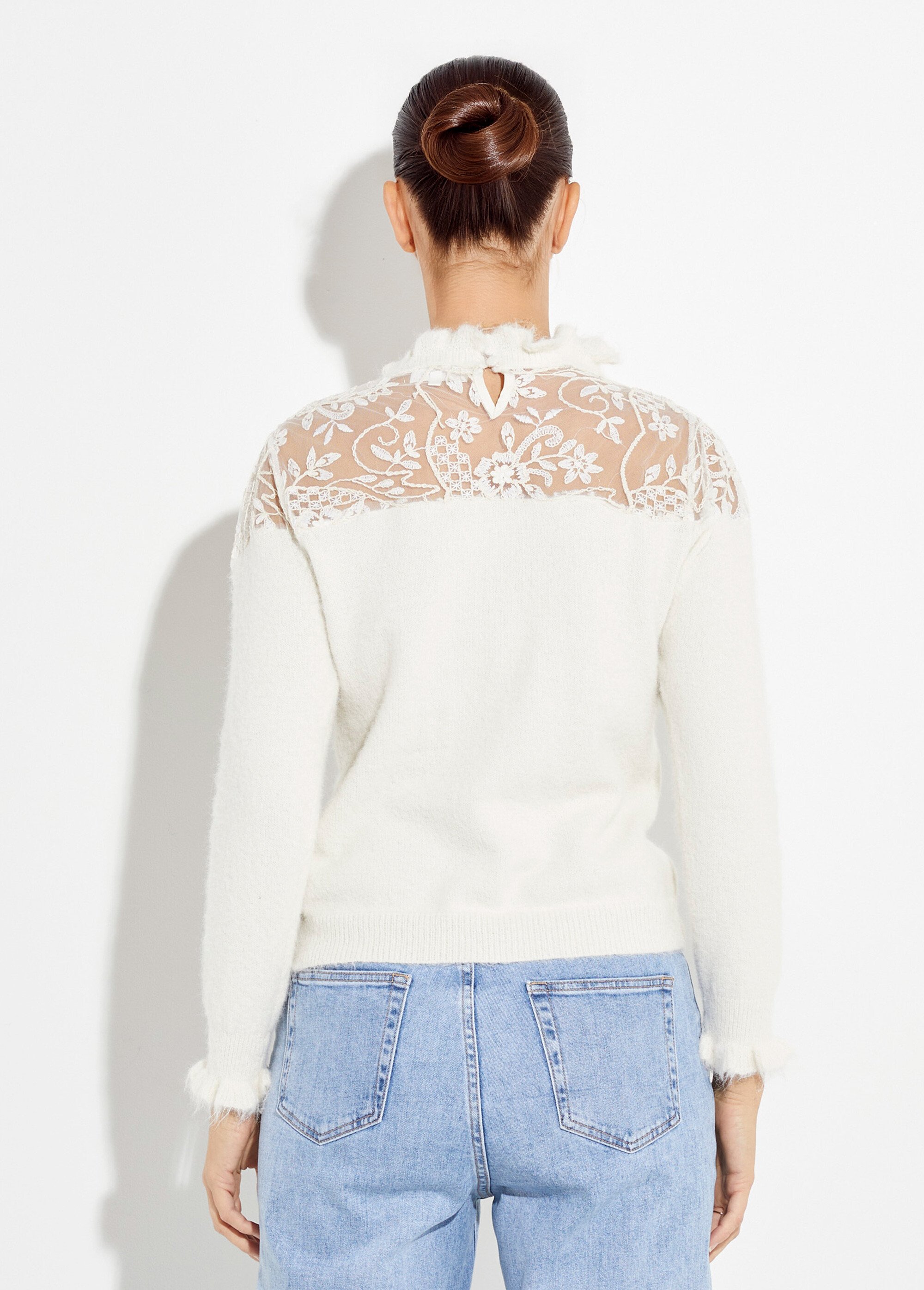 Pull chic en dentelle et maille avec laine Femme Beige IA-AR831 DO1