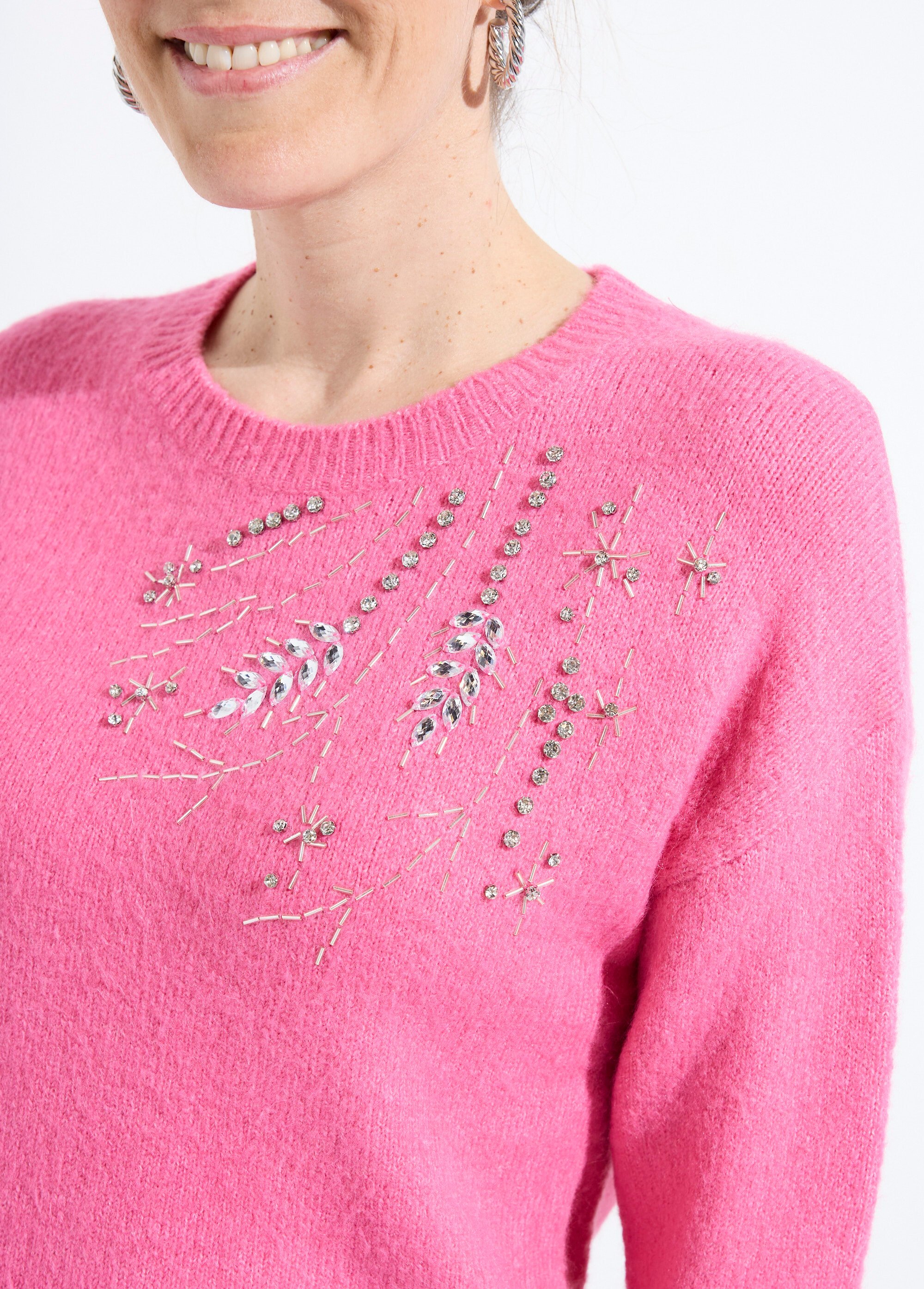 Pull doux col rond avec strass et sequins Femme Rose PASQUIN DE1
