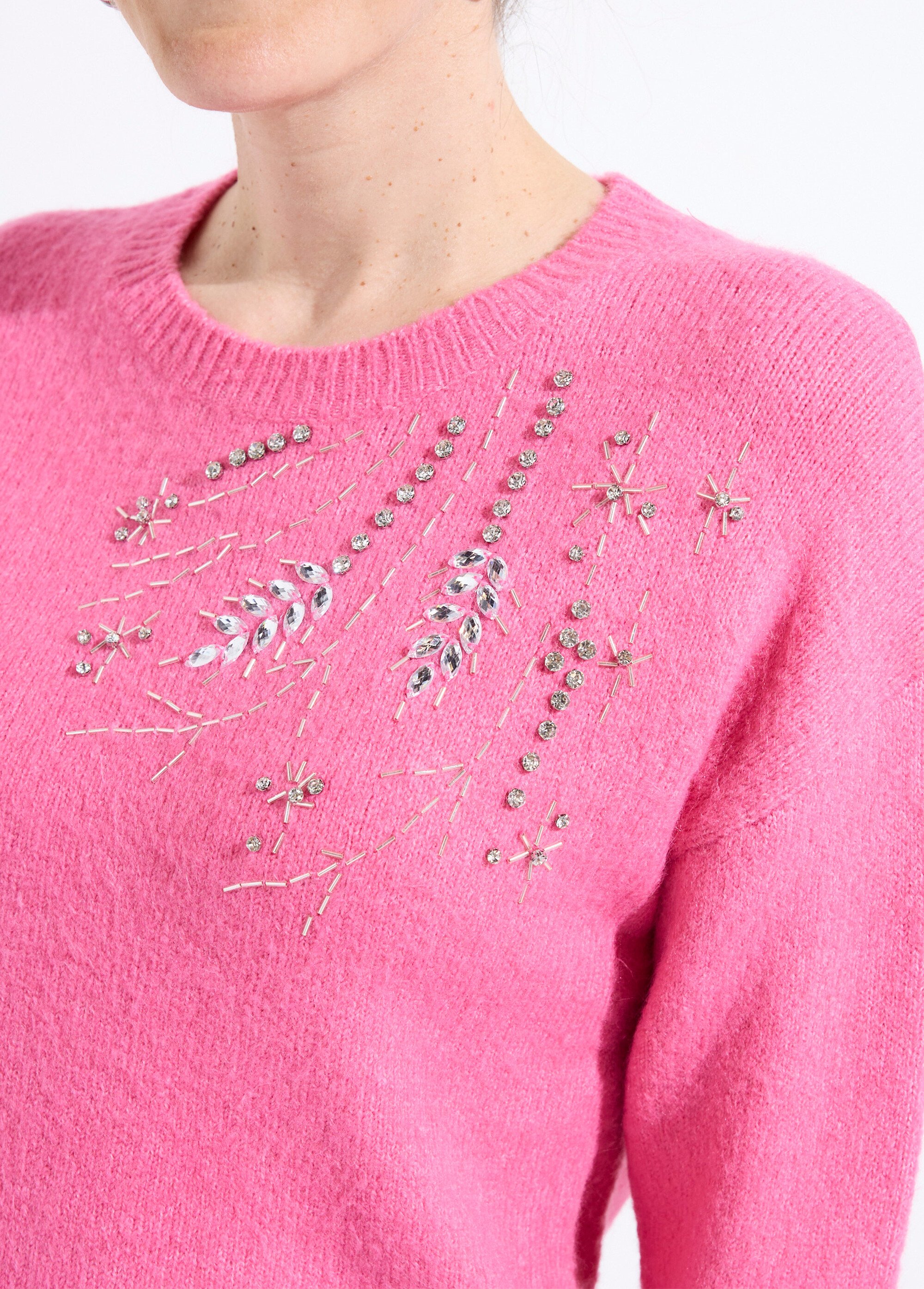 Pull doux col rond avec strass et sequins
