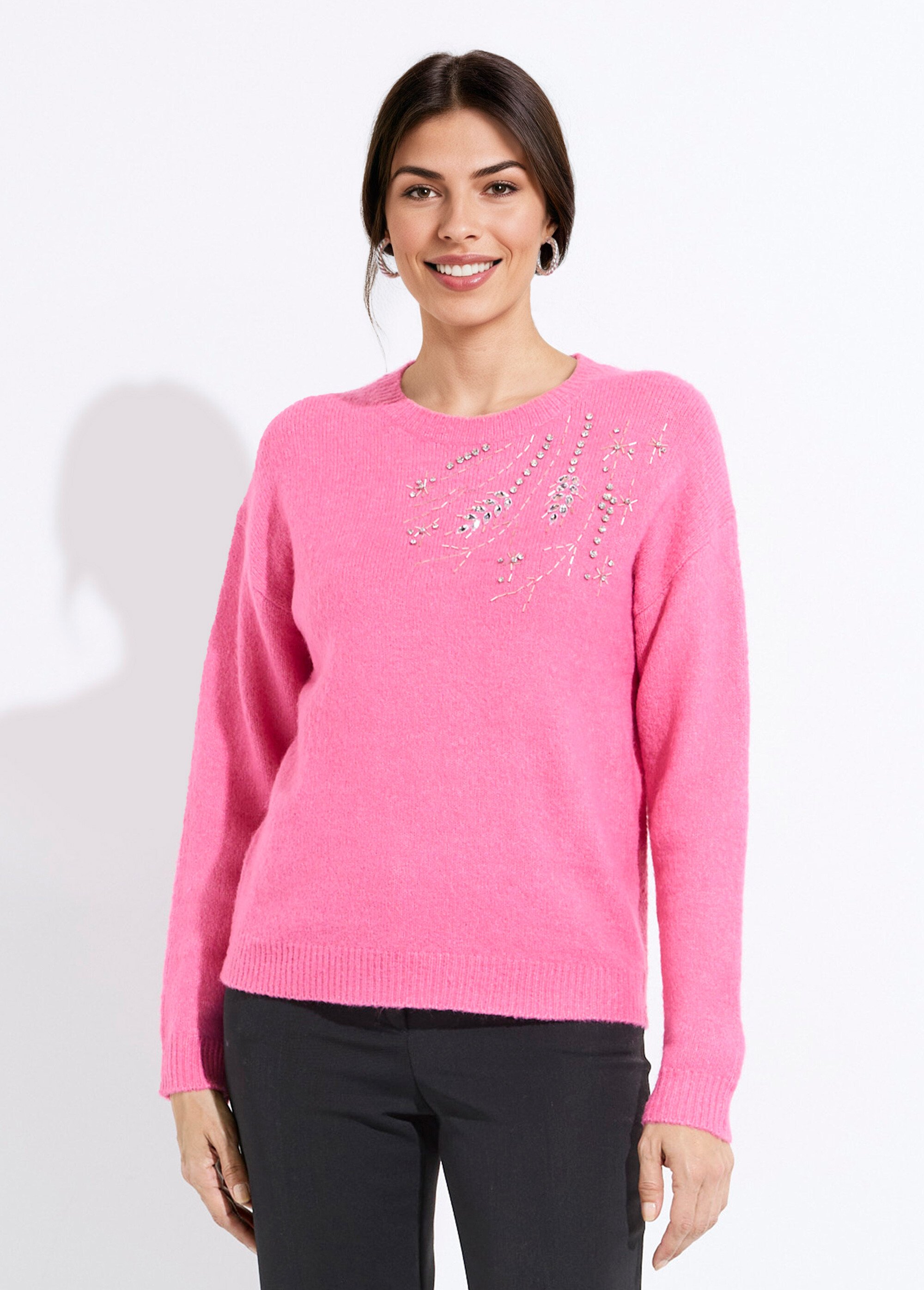 Pull doux col rond avec strass et sequins Femme Rose PASQUIN FA1