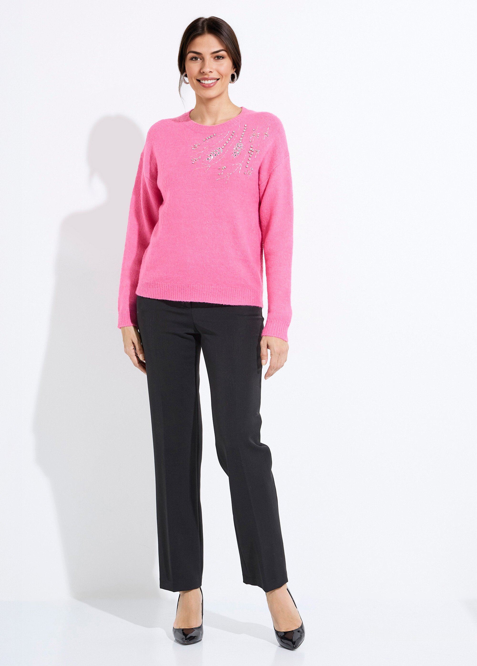Pull doux col rond avec strass et sequins Femme Rose PASQUIN SF1