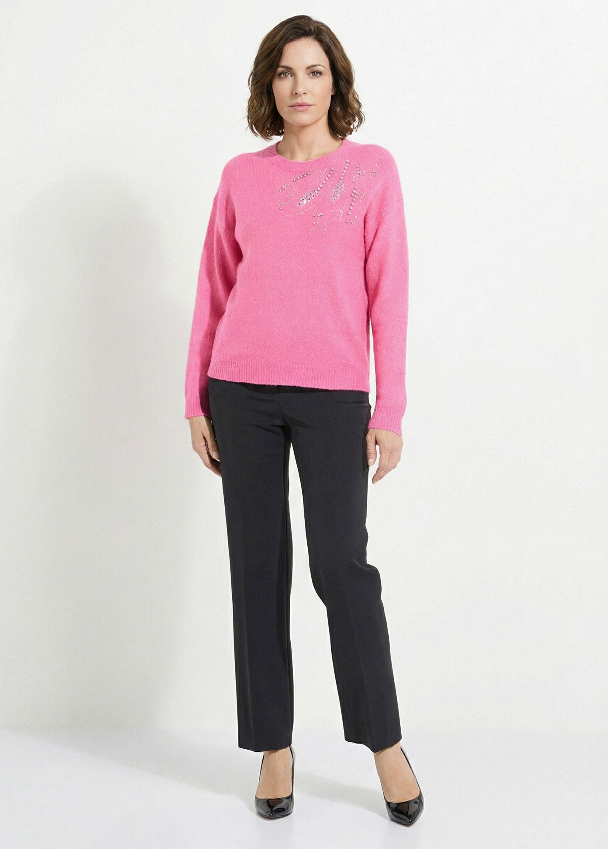 Pull doux col rond avec strass et sequins Femme Rose PASQUIN SI1