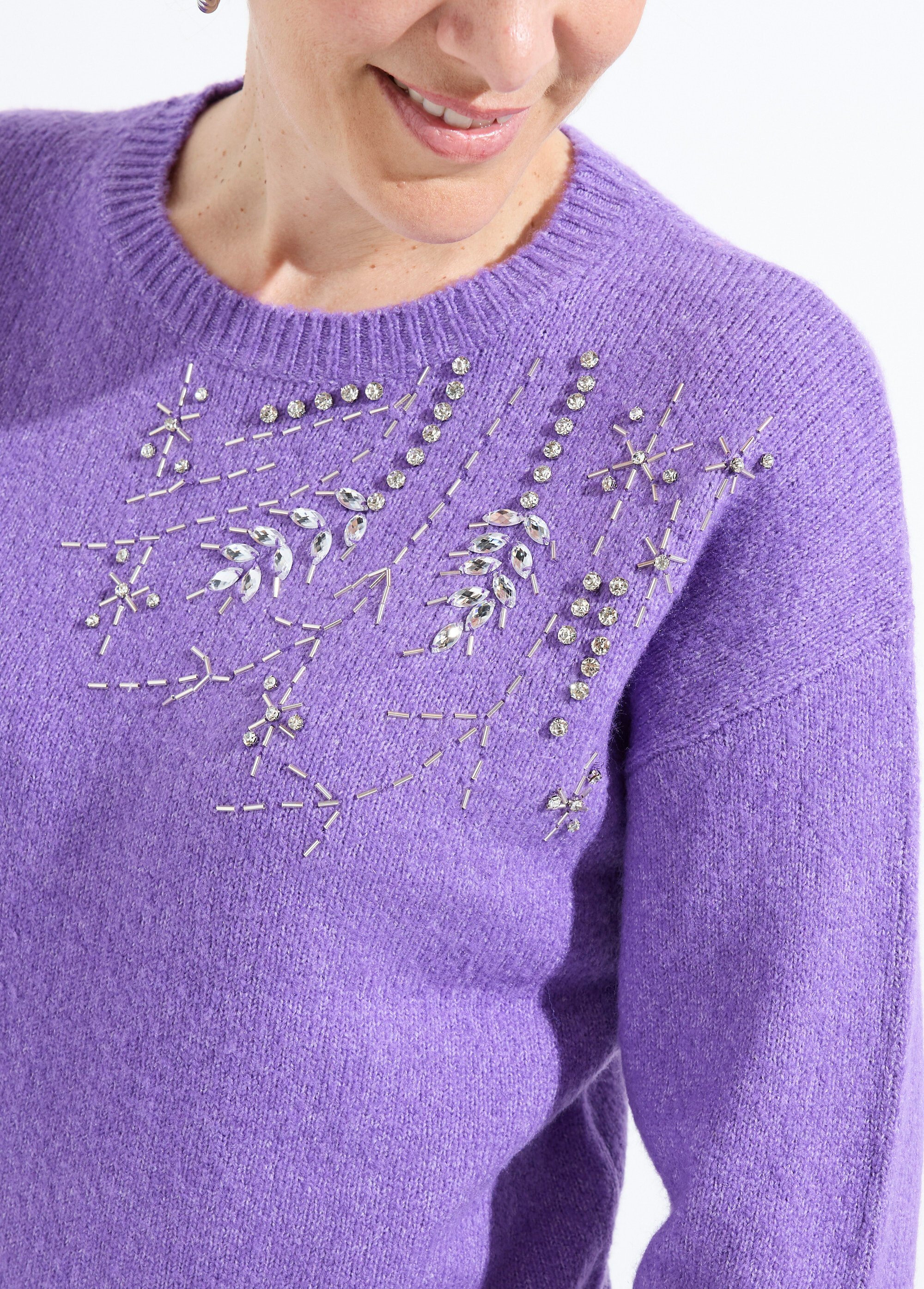 Pull doux col rond avec strass et sequins Femme Violet PASQUIN DE1