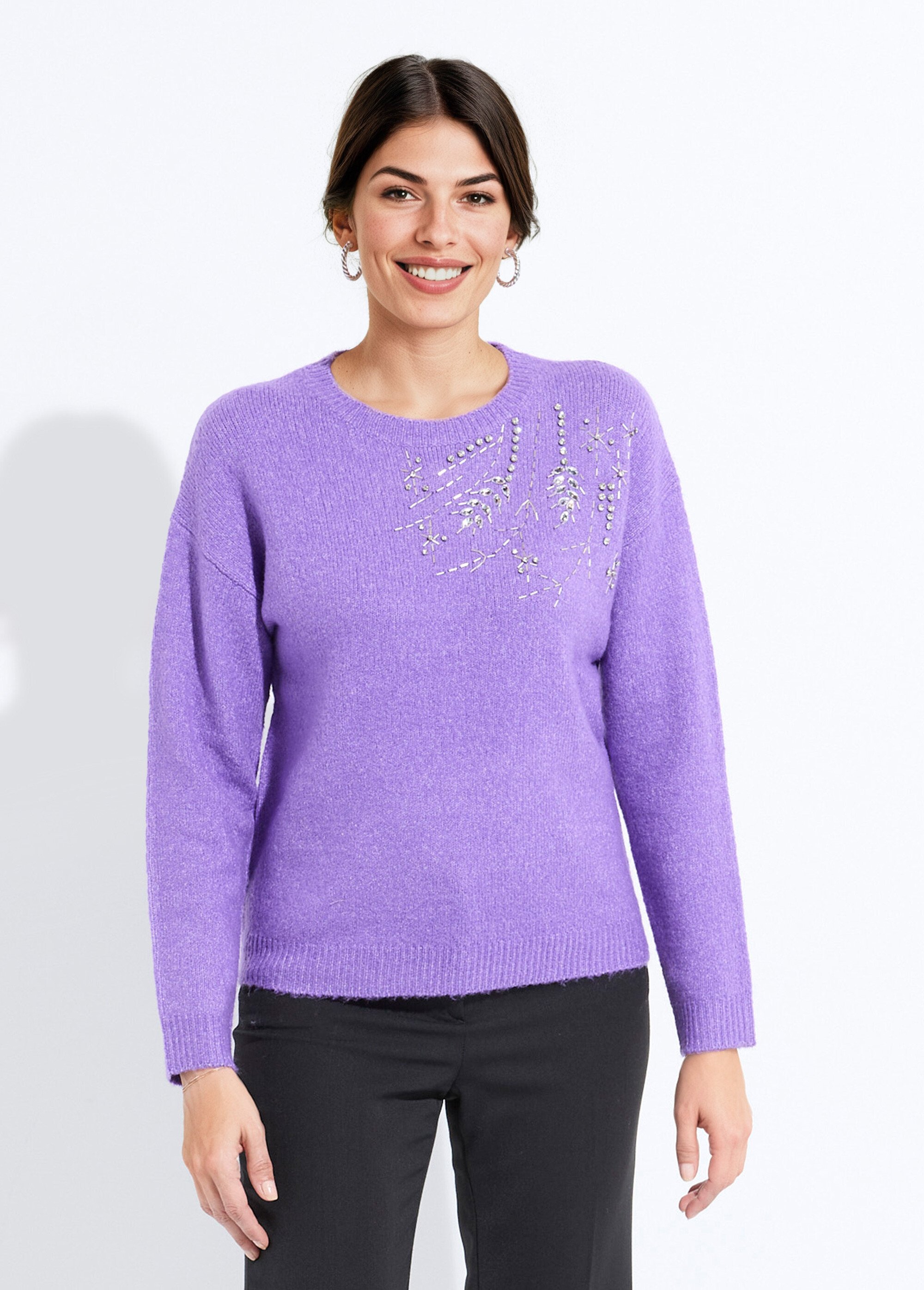 Pull doux col rond avec strass et sequins Femme Violet PASQUIN FA1
