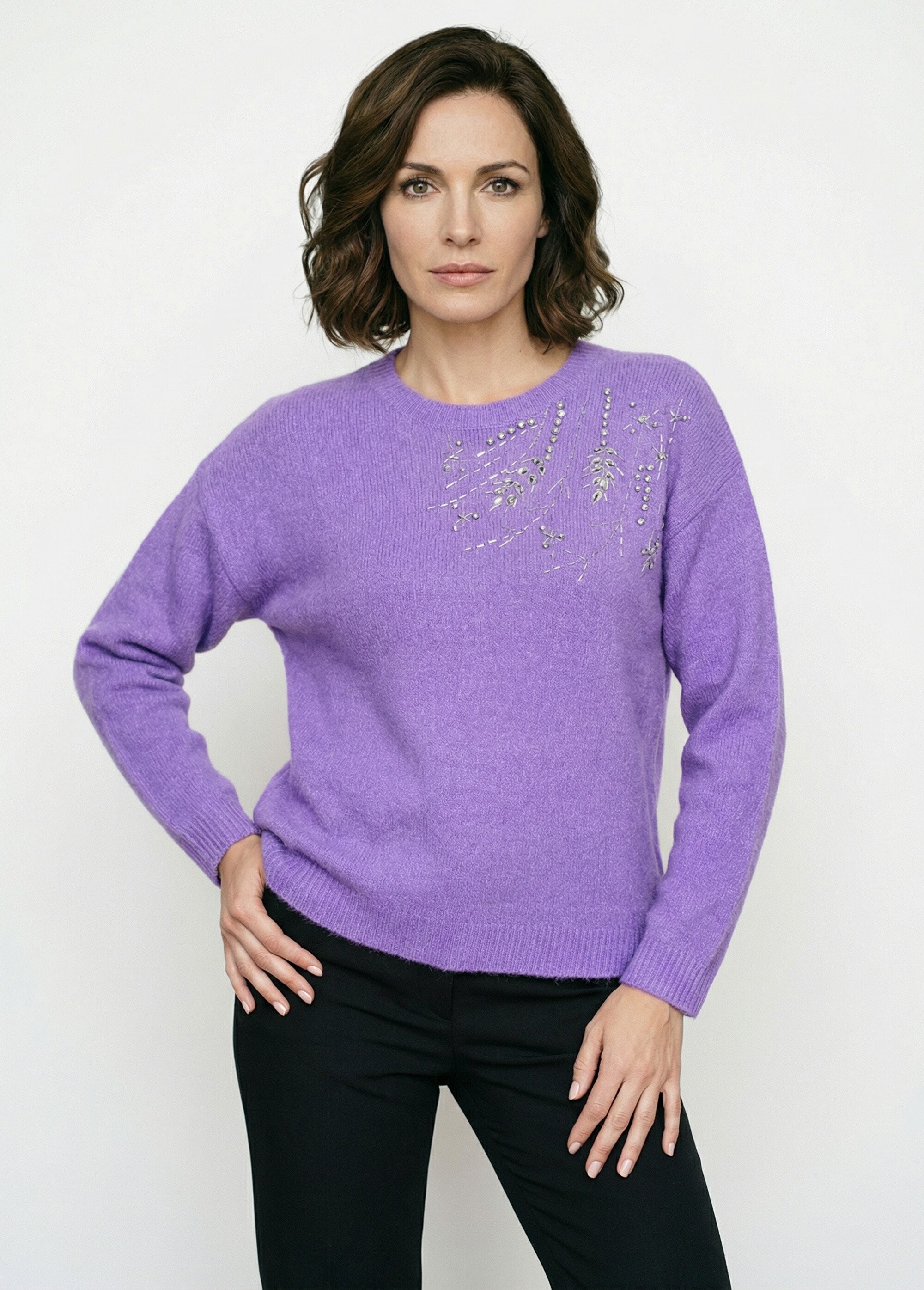 Pull doux col rond avec strass et sequins Femme Violet PASQUIN FA1