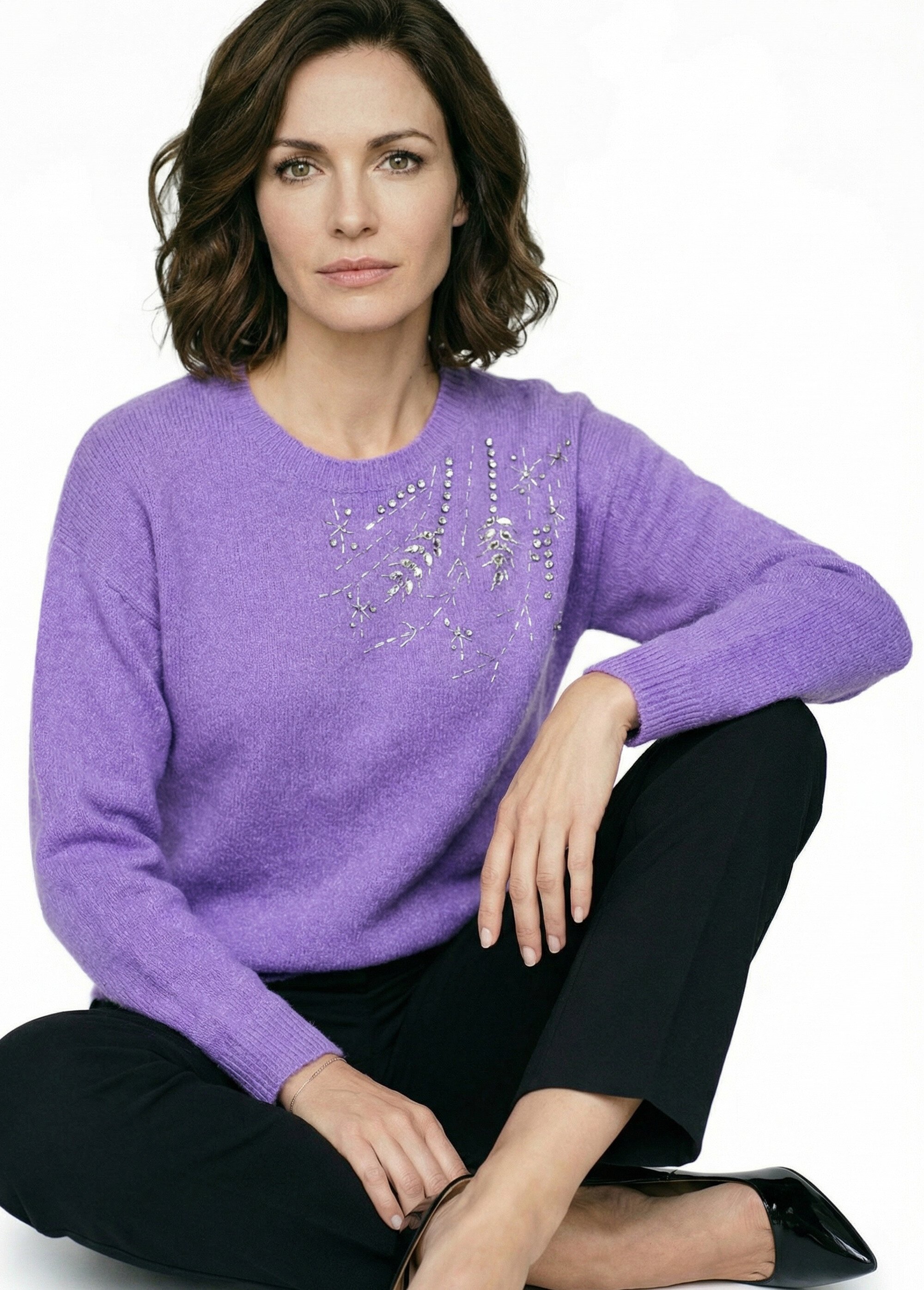 Pull doux col rond avec strass et sequins Femme Violet PASQUIN MV1