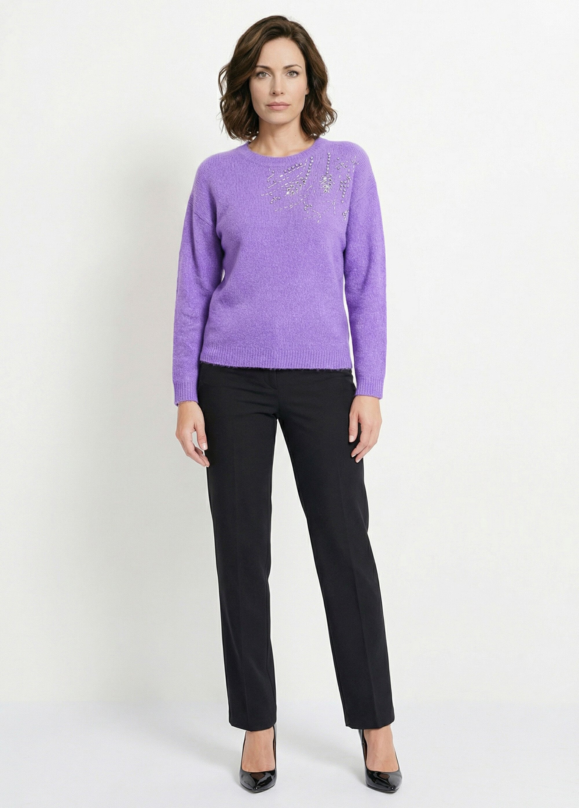 Pull doux col rond avec strass et sequins Femme Violet PASQUIN SI1