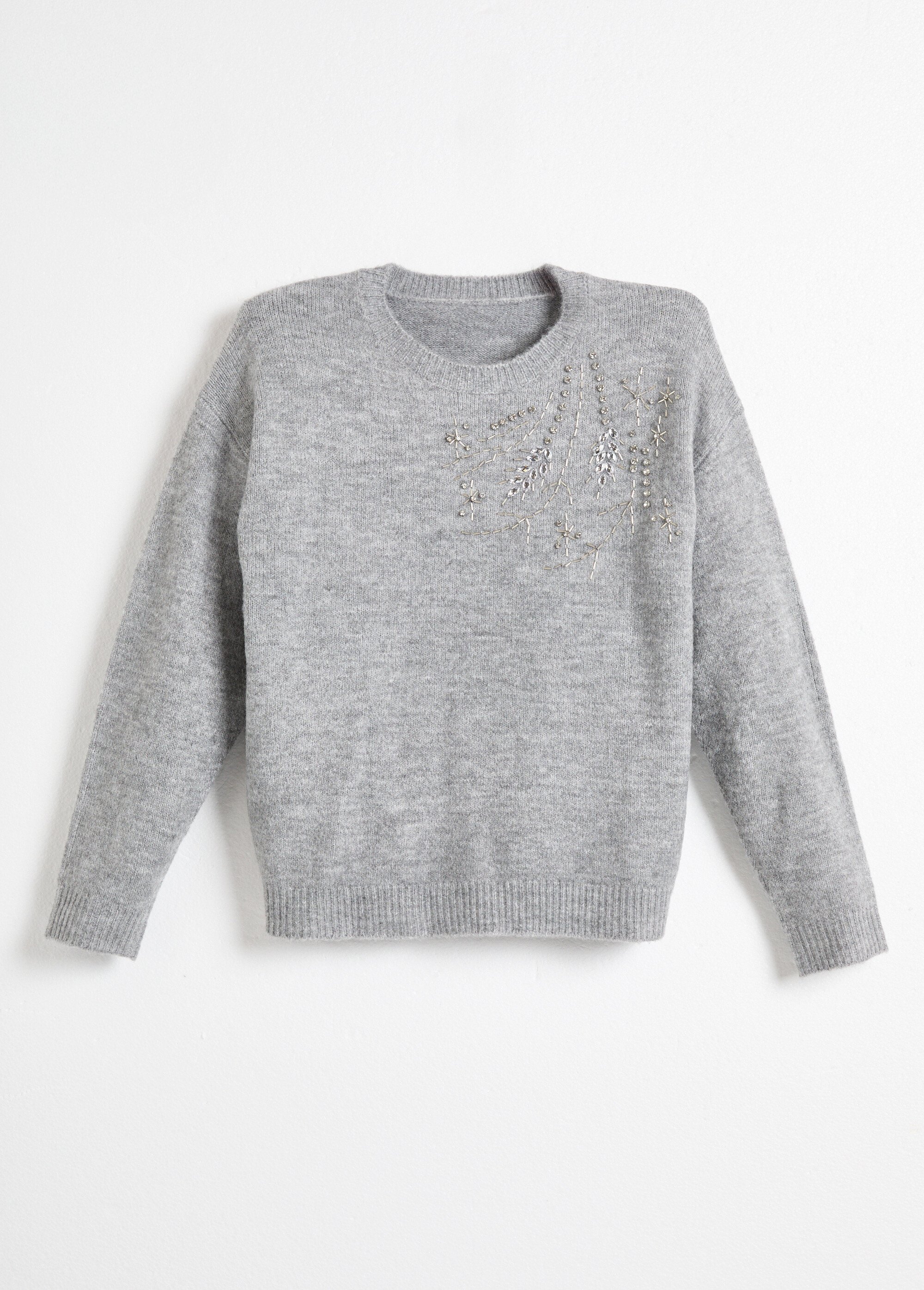 Pull doux col rond avec strass et sequins Femme Gris PASQUIN AP1