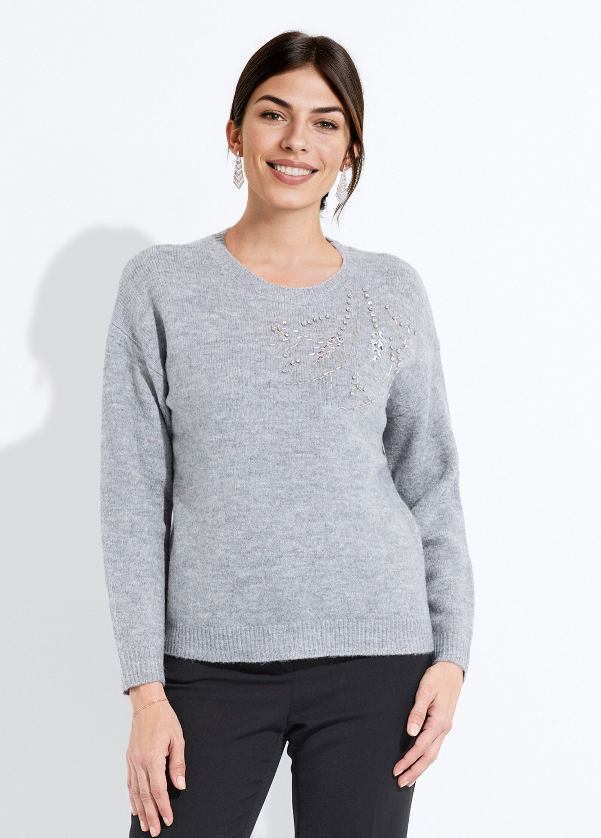 Pull doux col rond avec strass et sequins Femme Gris PASQUIN FA1