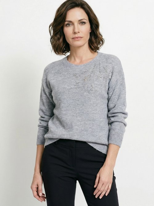 Pull doux col rond avec strass et sequins Femme Gris PASQUIN MV1