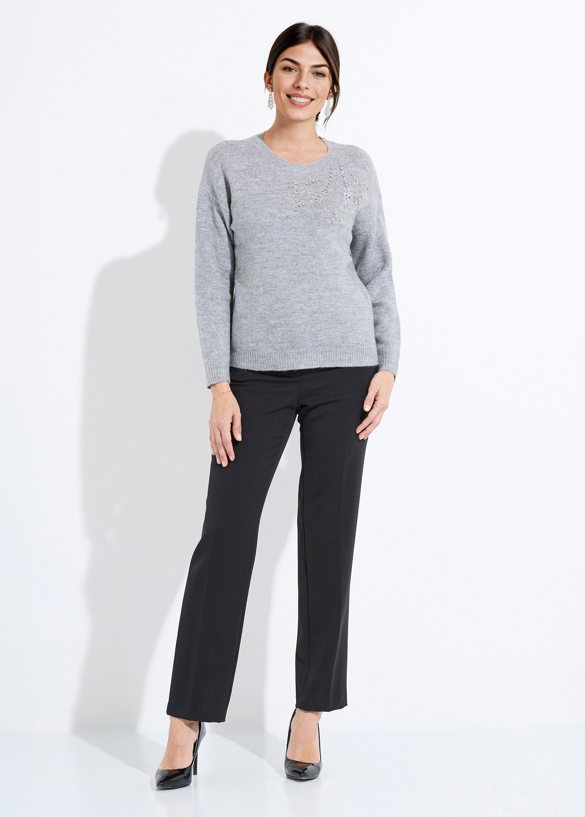 Pull doux col rond avec strass et sequins Femme Gris PASQUIN SF1