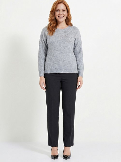 Pull doux col rond avec strass et sequins Femme Grande Taille Gris PASQUIN SI1