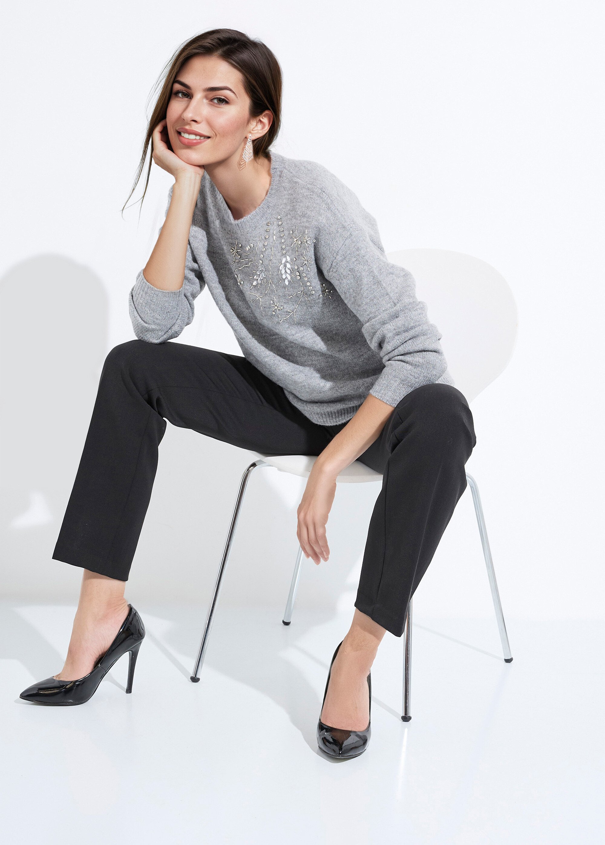 Pull sequins col rond gris foncé femme | Morgan