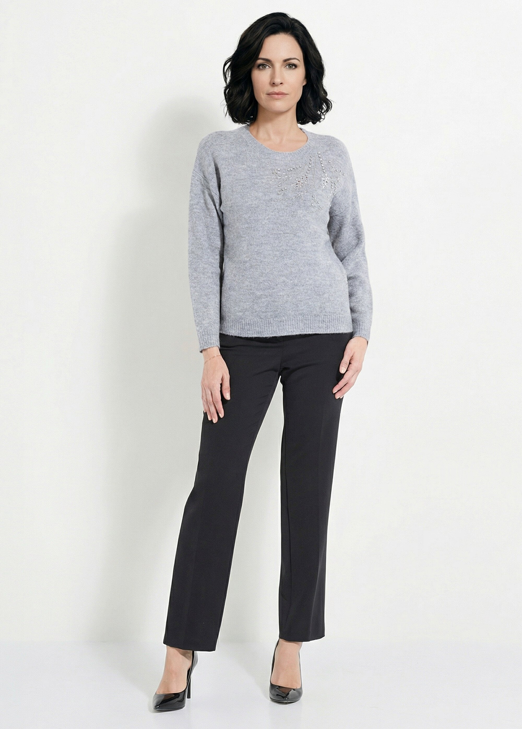 Pull doux col rond avec strass et sequins Femme Gris PASQUIN SI1
