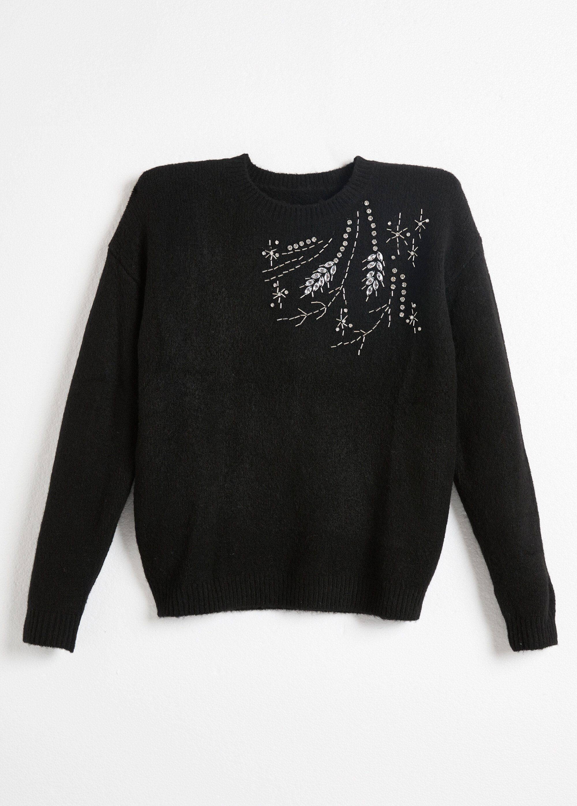 Pull doux col rond avec strass et sequins Femme Noir PASQUIN AP1