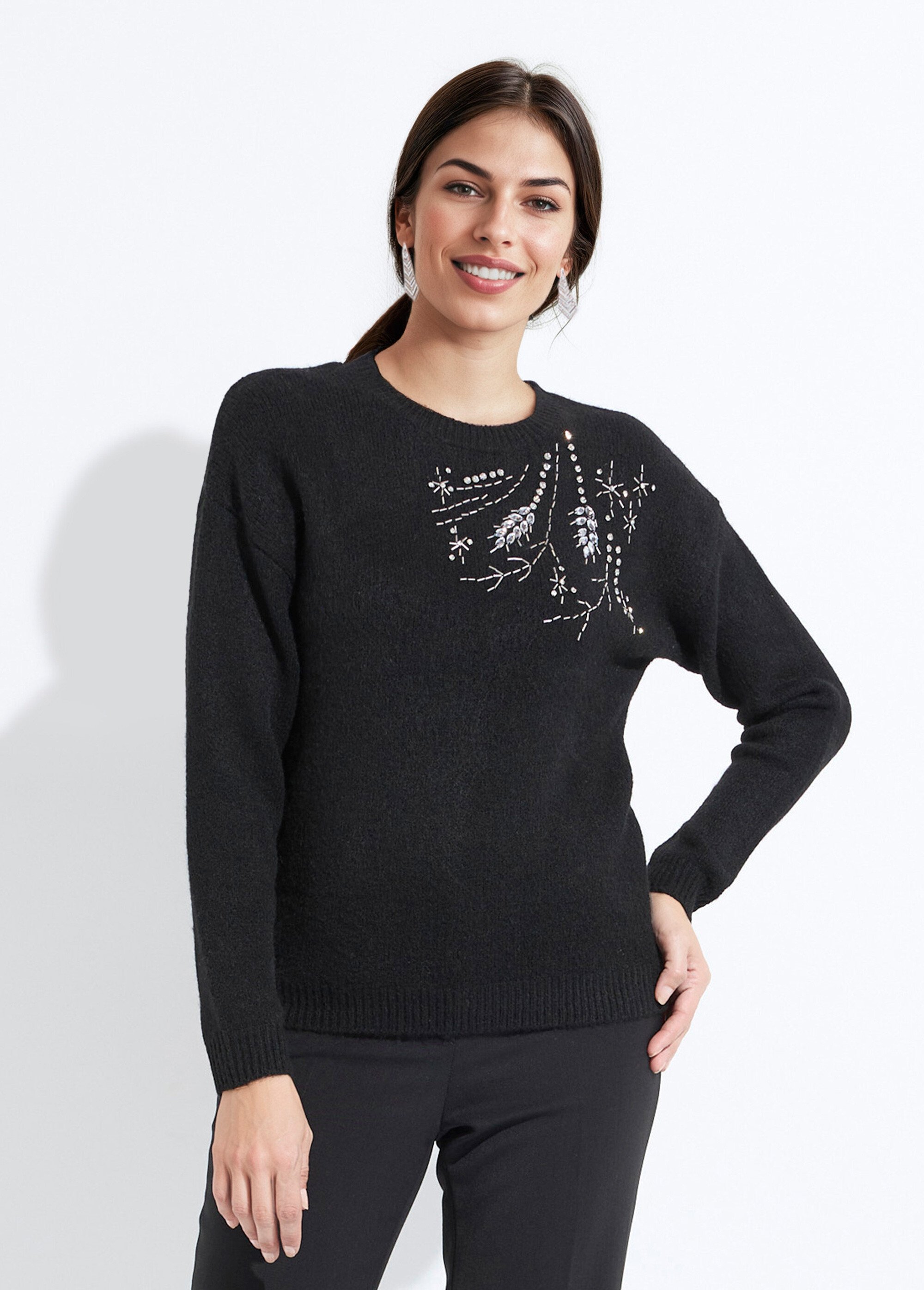 Pull doux col rond avec strass et sequins Femme Noir PASQUIN FA1