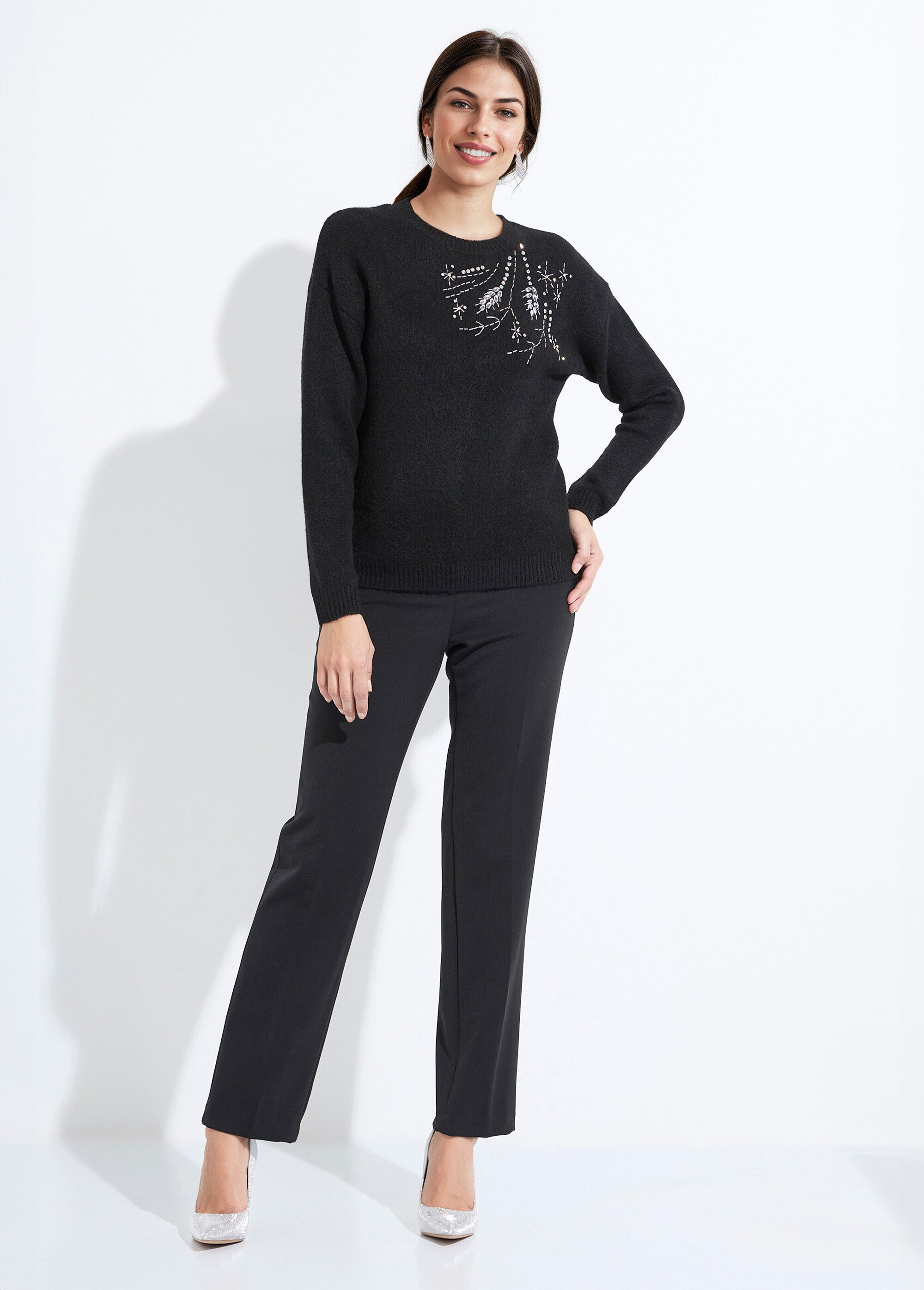 Pull doux col rond avec strass et sequins Femme Noir PASQUIN SF1