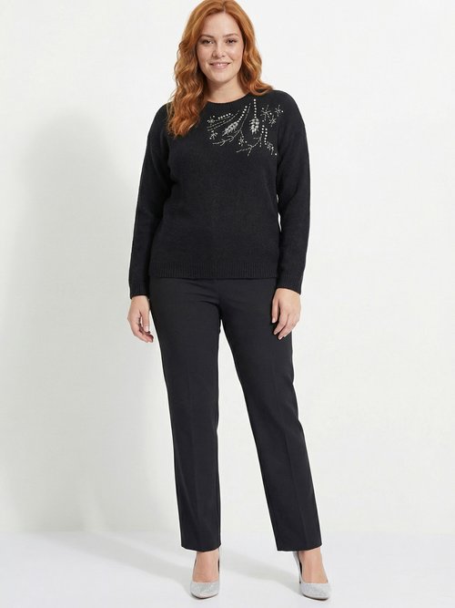 Pull doux col rond avec strass et sequins Femme Grande Taille Noir PASQUIN SI1